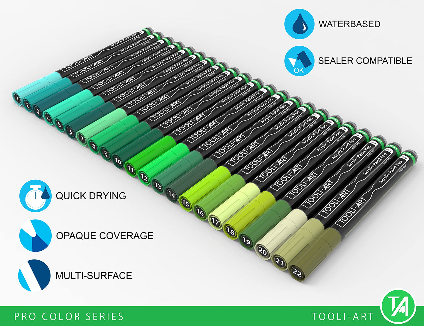 Acrylic Paint Pens 22 Green Tones Assorted Pro Colour Series Markers Set 0.7mm Extra Fine Tip for Rock Painting, Glass, Mugs, Wood, Metal, Canvas,