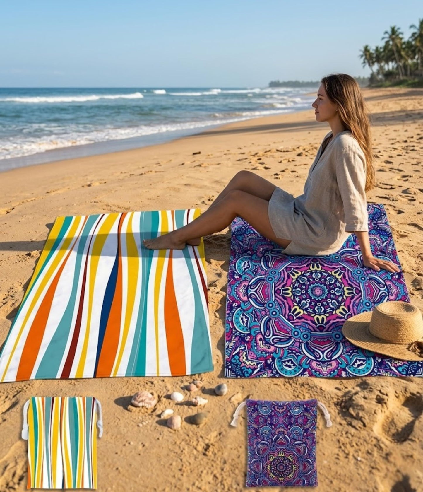RB INTERNATIONAL Beach Towel with Bag 2 Pack 160x80cm for Adults, Microfibre Waffle Weave, Quick Dry, Sand Free, Lightweight, Compact & Eco-Friendly