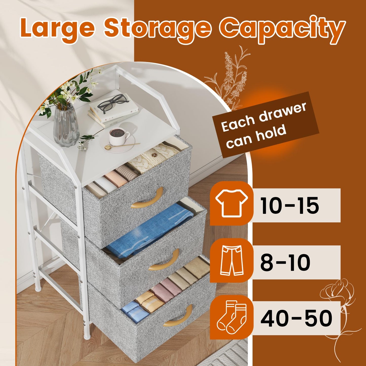 Feonase 3-Drawer Chest of Drawers with Metal Frame & Top Back Shelf – Modern Fabric Storage Cabinet for Bedroom, Living Room, Small Spaces