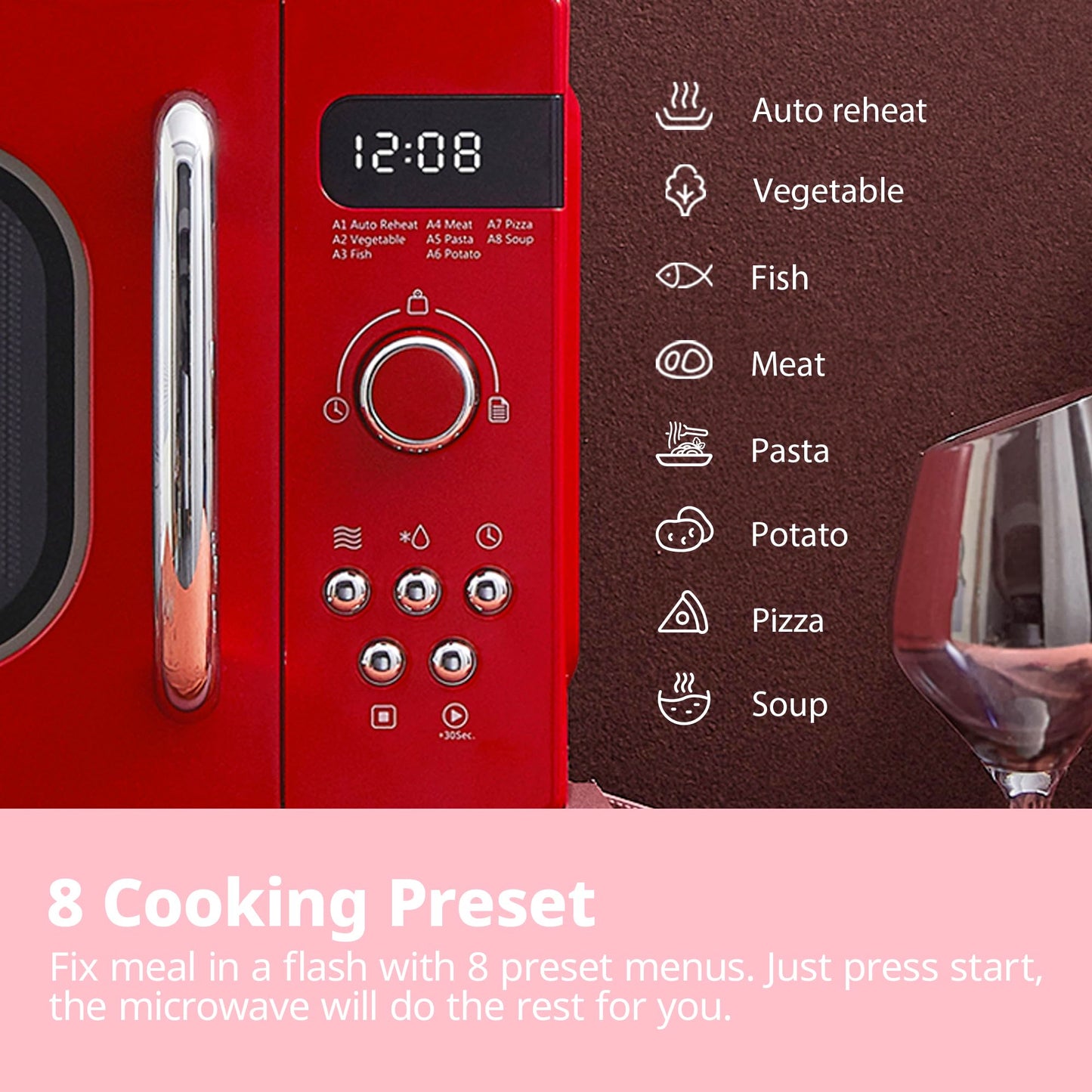 COMFEE' Retro Style 800w 20L Microwave Oven with 8 Auto Menus, 5 Cooking Power Levels, and Express Cook Button - Passionate Red - CM-M202RAF(RD)