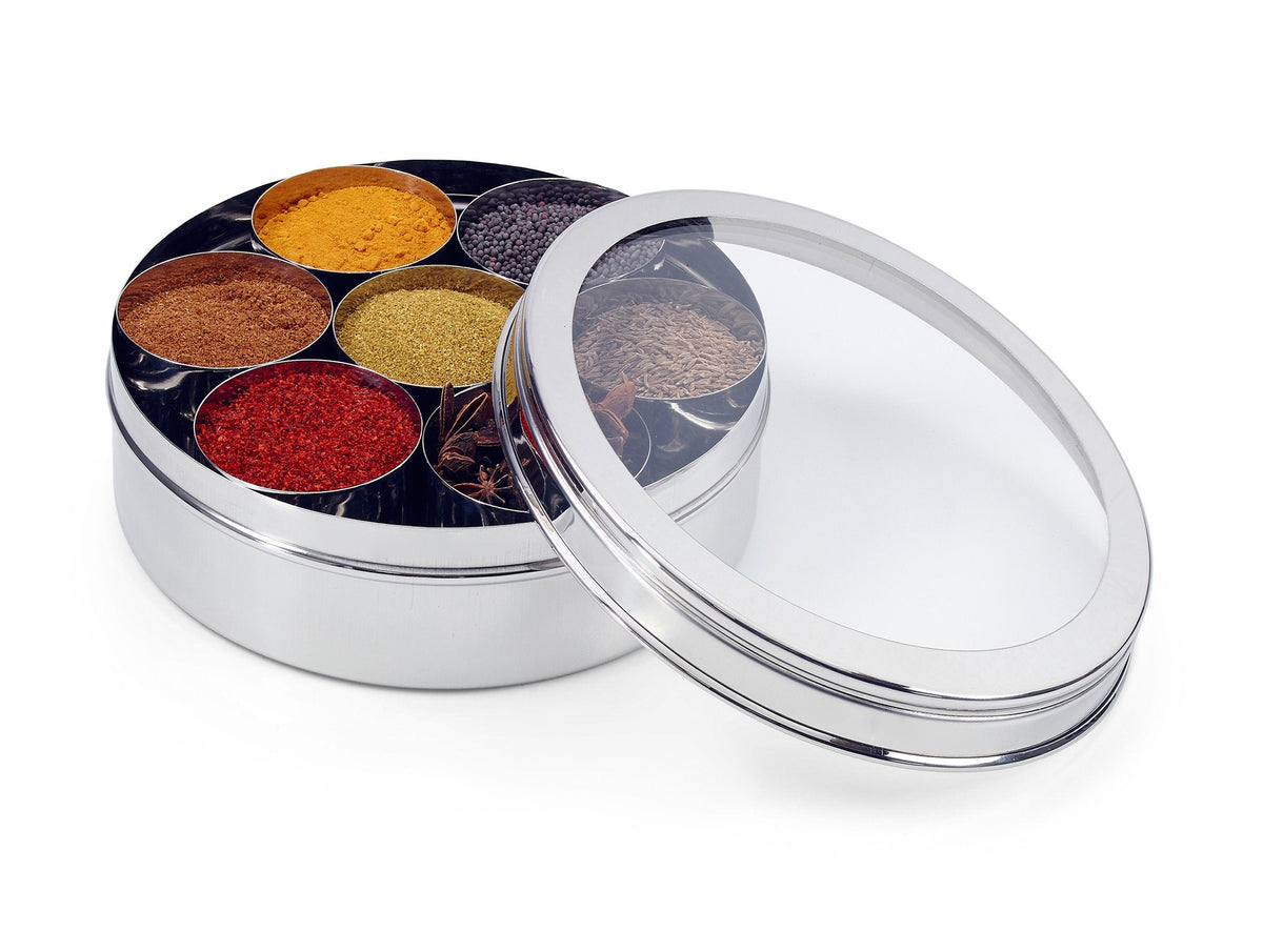 Zinel 7203 Stainless Steel Spice Box/Masala Dabba with 7 Comparments and Transparent Lid, 22cm, 22 cm , Silver
