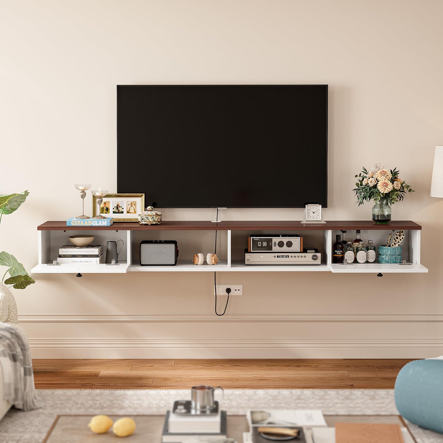 FloatiCasa 120cm Walnut & White Floating TV Unit, 2 Doors & 2 Open Cabinets