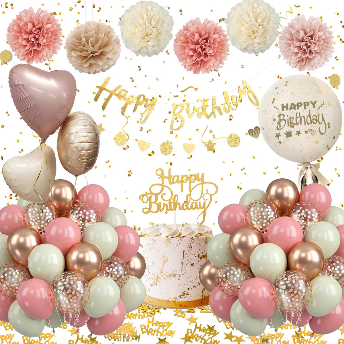 Birthday Decoration for Women Girls, Retro Pink Balloons Party Decorations with Happy Birthday Decorations Banner Foil Balloon,Paper Pom-Poms for Baby