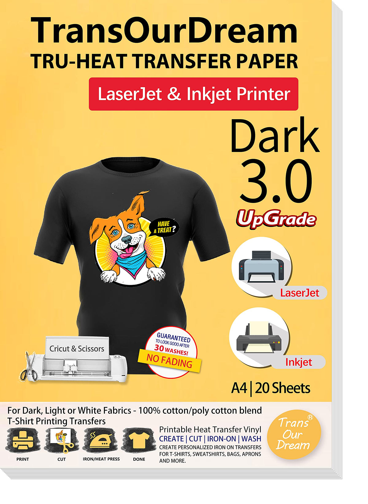 TransOurDream Tru-Tshirt Transfer Paper Upgraded 3.0 20 Sheets A4 for Inkjet&Laser Printer Iron on Transfers for Dark Fabric Heat Transfer Paper Black