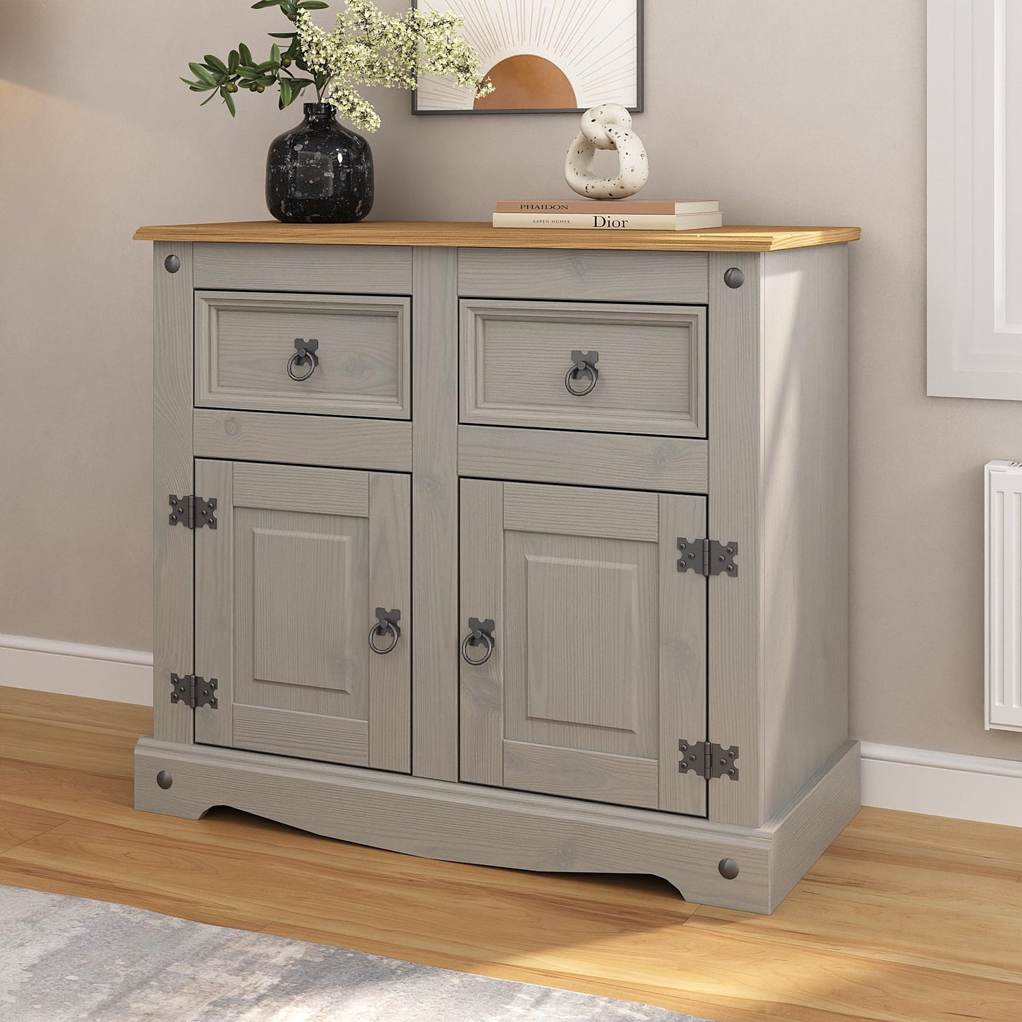 Corona Grey Sideboard 2 Door 2 Drawer Cupboard Mexican Solid Pine with Gunmetal Finish Hardware 76cm H x 87cm W x 40cm D