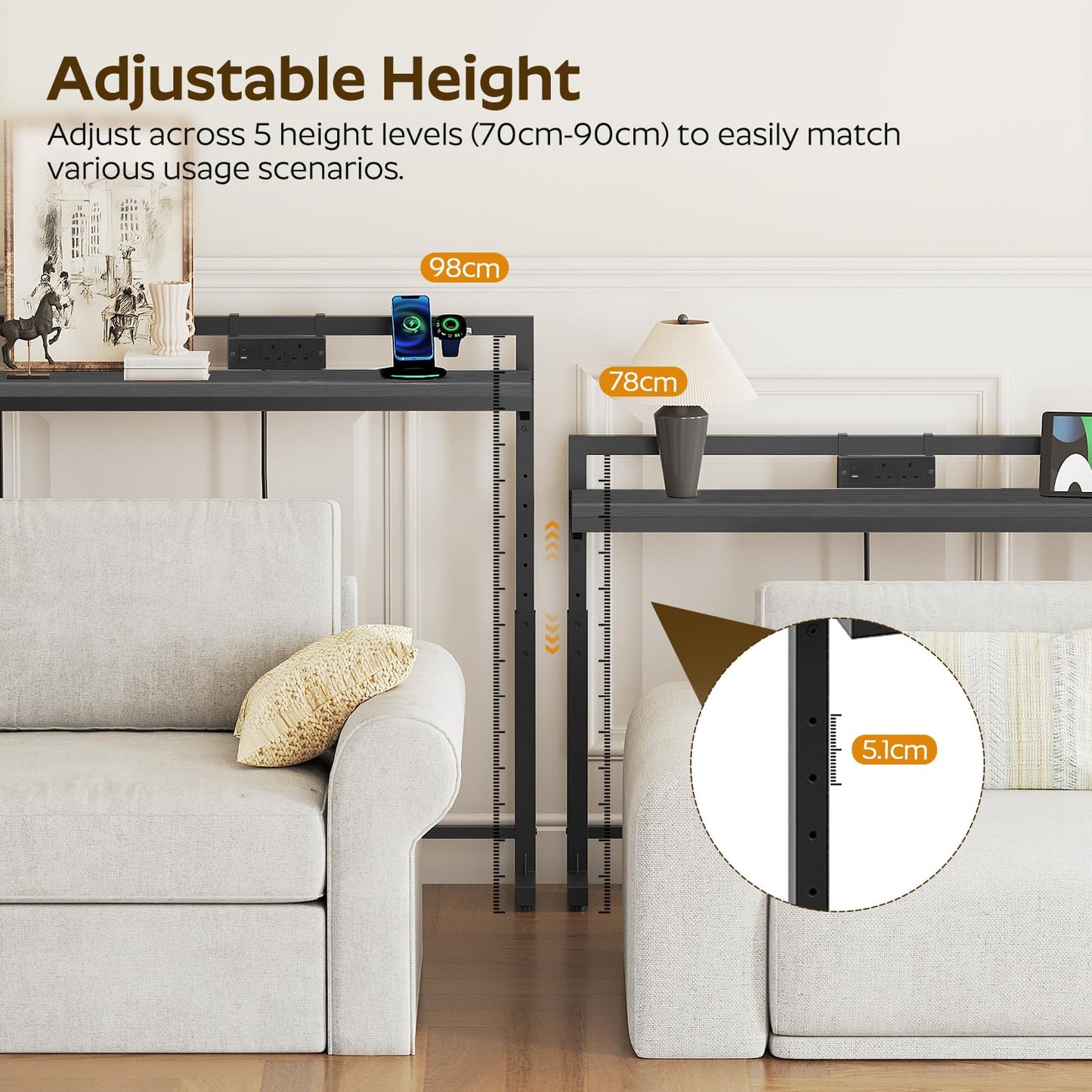 YATINEY 180 cm Slim Console Table with Adjustable Height (70 cm-90 cm), Behind Sofa Table Skinny with Outlet, Long Entryway Table