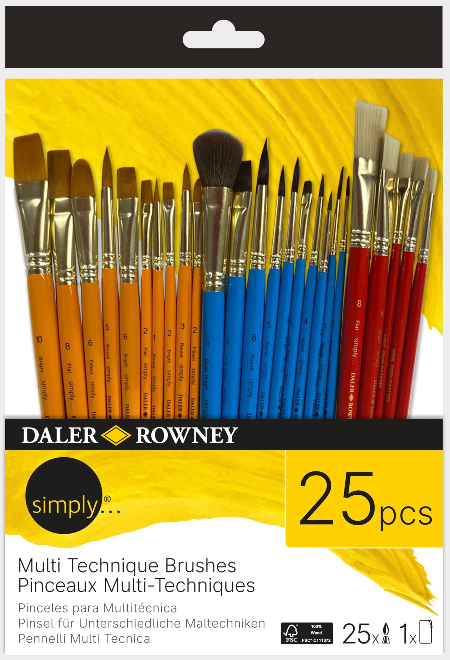 Daler-Rowney Simply Mixed Media Brush Set, 25 Pieces, Short Handle, Watercolour, Acrylic, Mixed Media, Oil Painting, Art Tools, For Entry-Level
