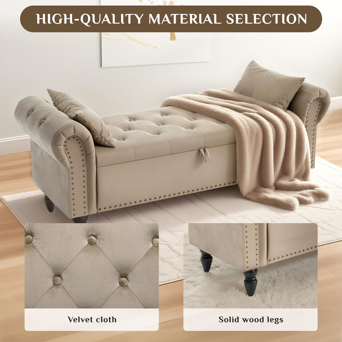 Clevich 133cm Velvet Storage Ottoman Bench, 168KG Load Capacity, Brown