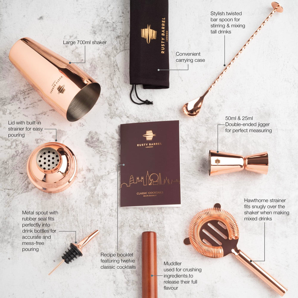 Rusty Barrel Cocktail Making Kit - Beautifully Presented Cocktail Shaker Set - Premium Cocktail Set with Cocktail Shaker and Bar Accessories for Home