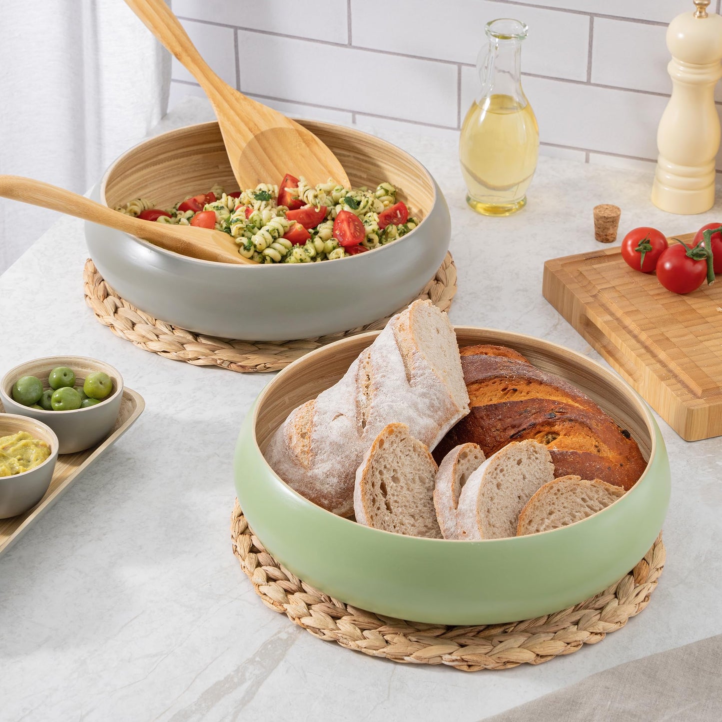 Dehaus Large Bamboo Fruit Bowl - 30cm, Copper Gold Leaf - Wooden Salad Serving Bowl - Fruit Basket for Kitchen or Bread Basket - Table Centrepiece