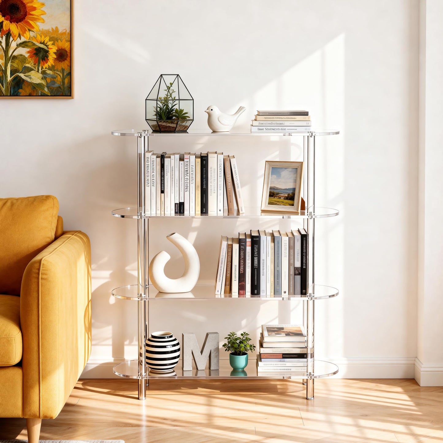 Clear Acrylic Bookshelf Bookcase, Narrow Oval, 4 Tier, 80 x 24 x 102 cm