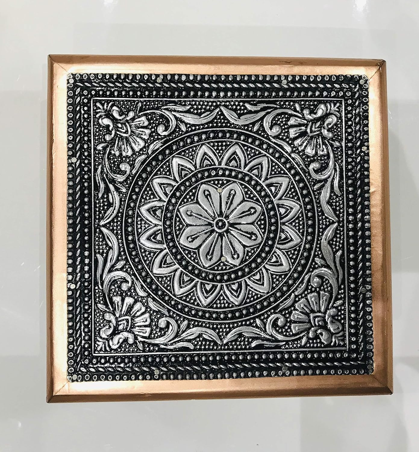 AARNAV 6" x 6" Handcrafted Low Table Bajath Bajot Chowki For God Temple or Lamp or Vase or Hindu Puja Oxidised Copper Table (Oxidised Copper 6"x6")