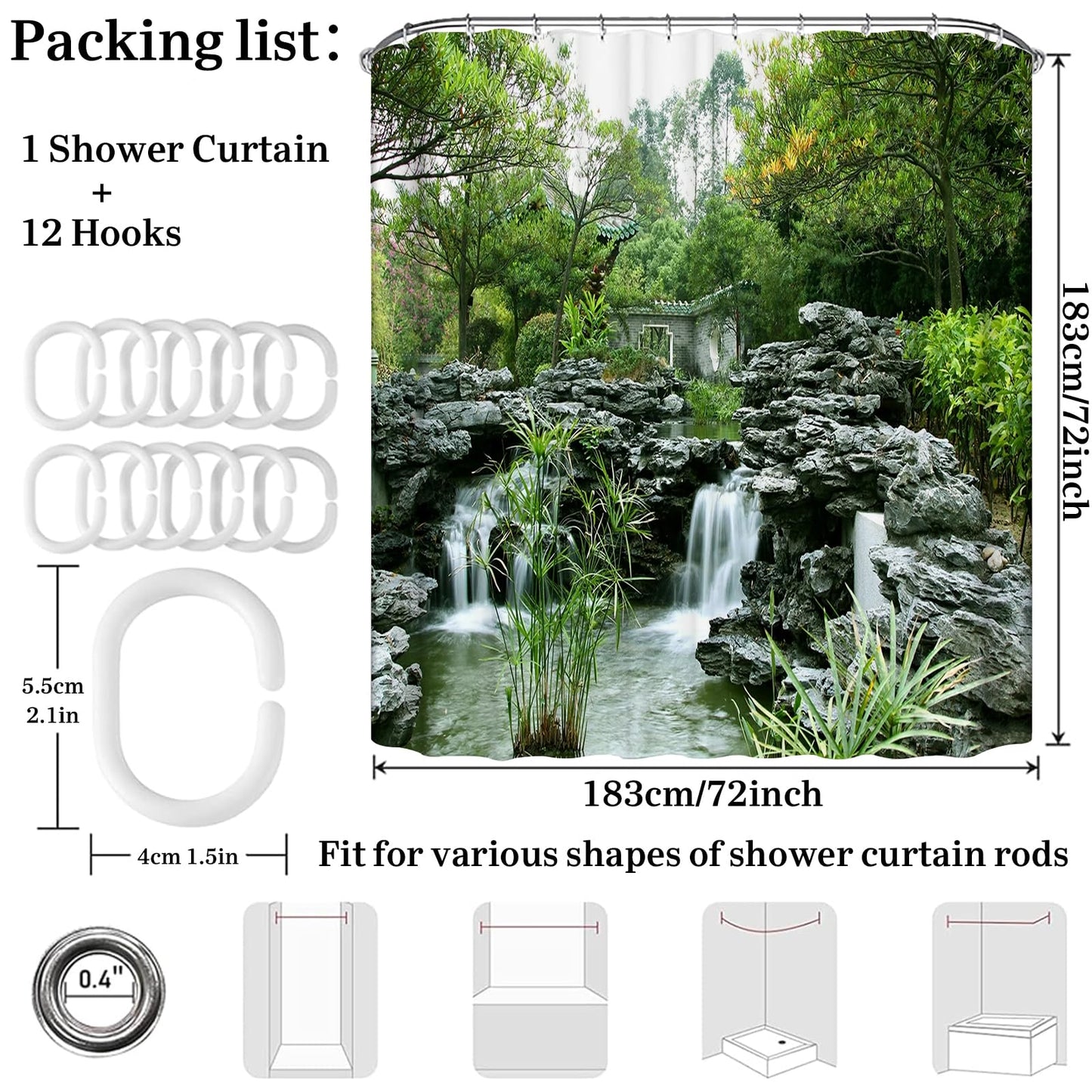 Simpomsy Japanese Shower Curtain Garden Shower Curtain Outdoor Pattern Bathroom Curtain Scenic Shower Curtains Garden Waterproof Polyester Fabric
