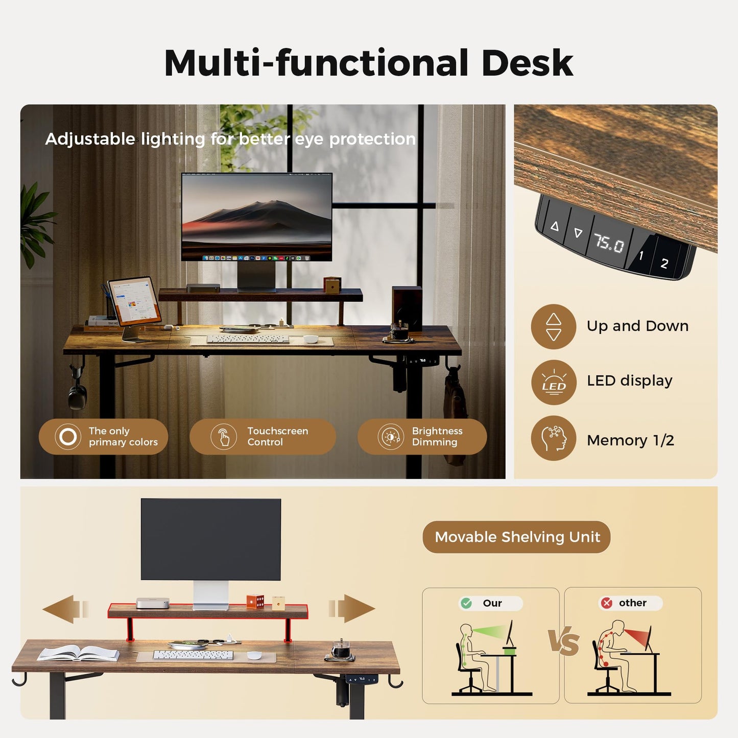 Agilestic Electric Standing Desk, Led & Plug, Movable Monitorstand, 120x80