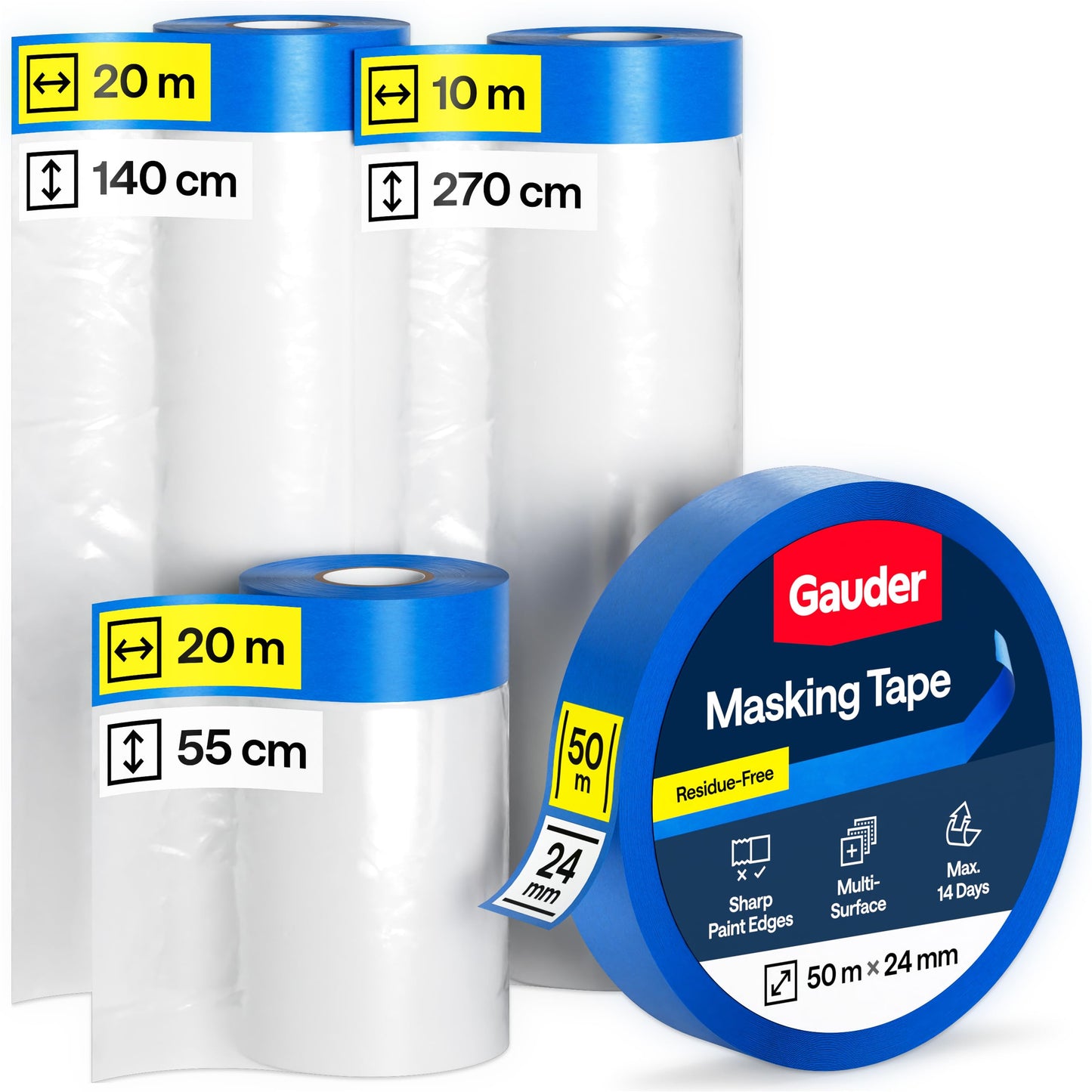 GAUDER 50 Metres Pre-Taped Masking Film Set (55 + 140 + 270 cm) with Painter?s Tape 24 mm x 50 m | 66 m? Pre-Taped Covering Film | 3-Piece Set for