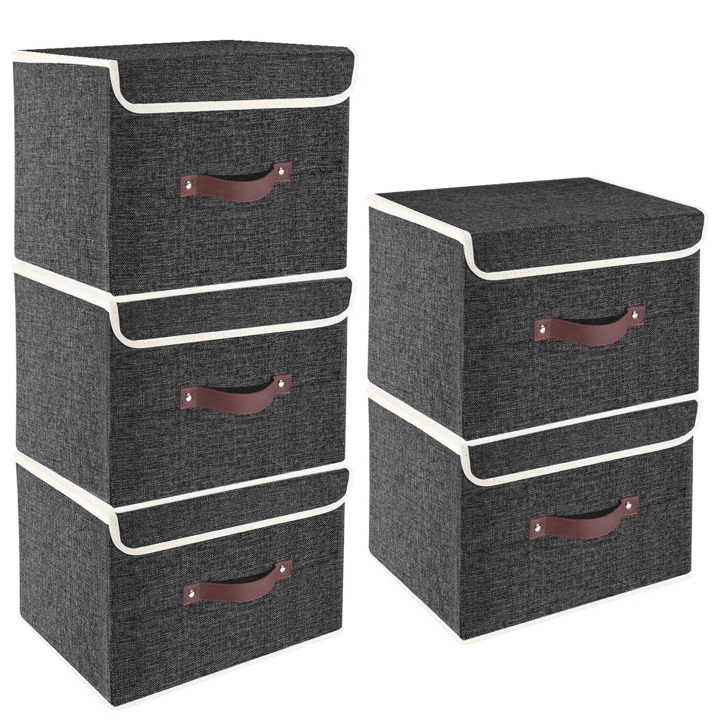TYEERS Collapsible Storage Box with Lid, Fabric Storage Box for Clothes, Wardrobe Storage, 38x25x25 cm, Set of 5, Black