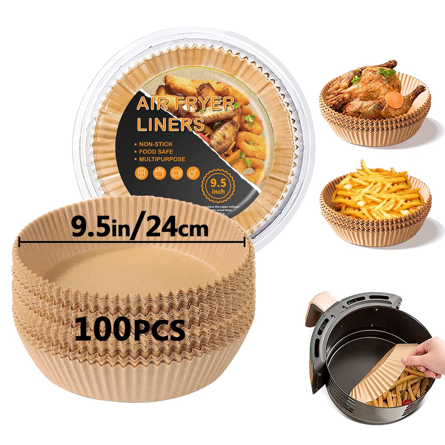 Air Fryer Liners, 9.5 Inch Large Air Fryer Disposable Paper Liners, Parchment Paper Liners Oil-Proof, Water-Proof, Food Grade Baking Paper for Air