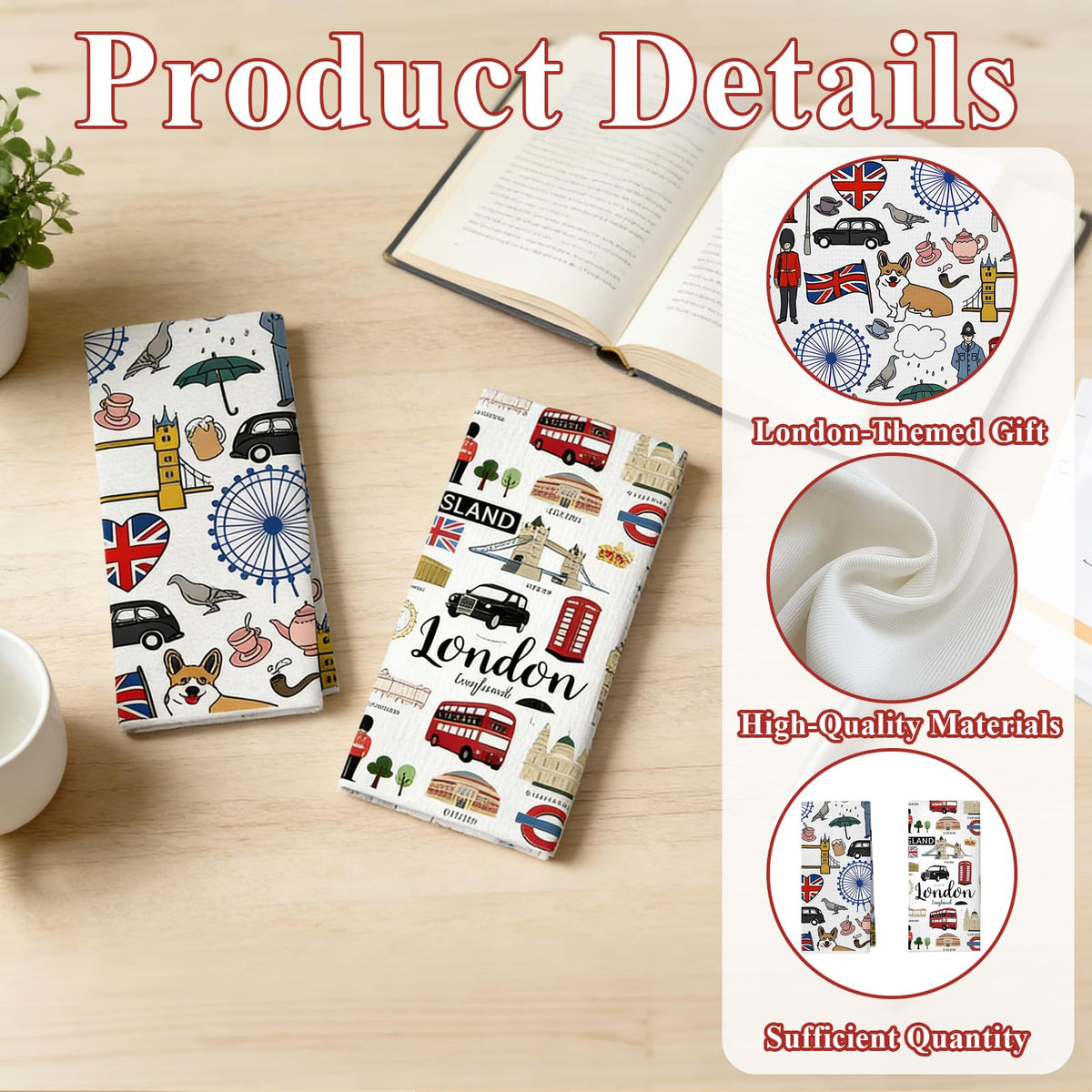 2 PCS London Tea Towels for Kitchen, Creative London Gifts Kitchen Towels, Absorbent Microfiber Dish Drying Cloth, Souvenir Kitchen Hand Towels