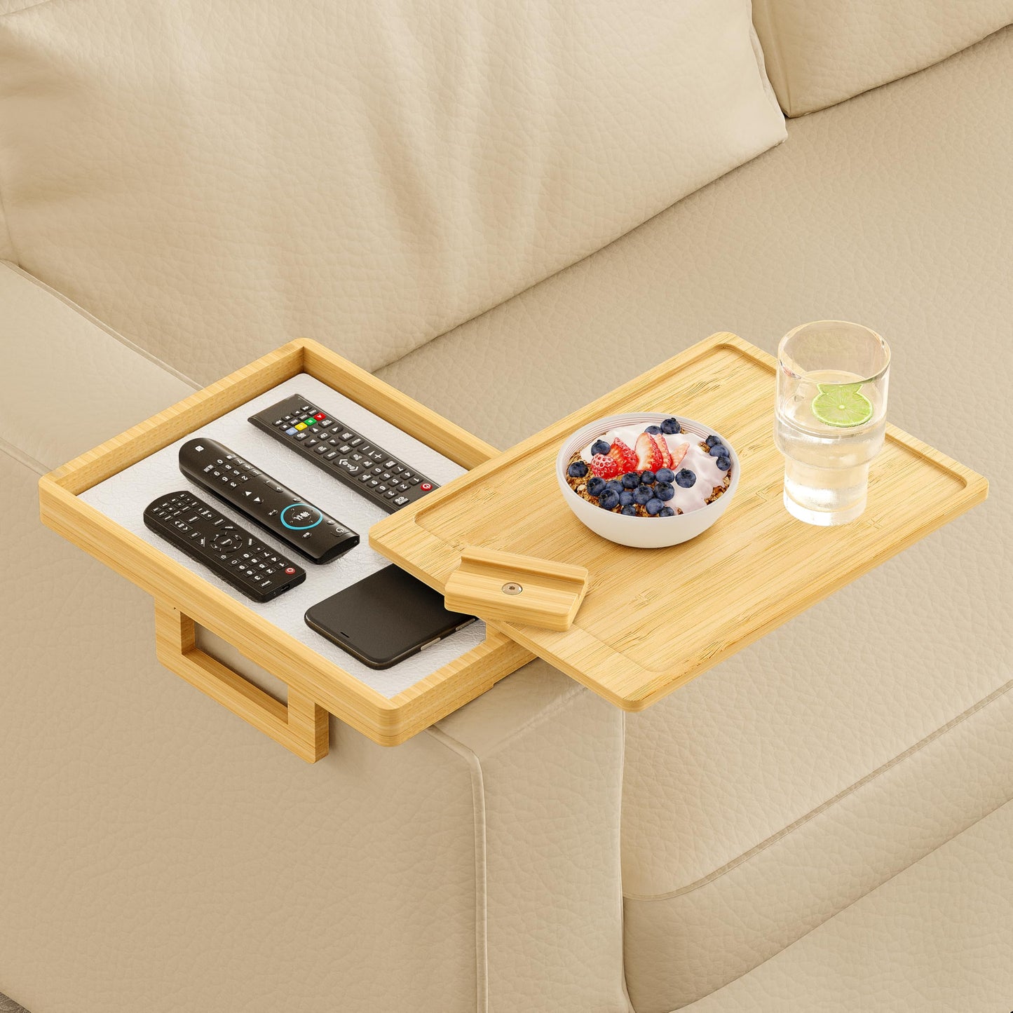 Wealone Bamboo Couch Arm Tray for Wide Couch, Sofa Arm Clip Table with Storage Box, Couch Armrest Tray with 360°Rotating Phone Holder