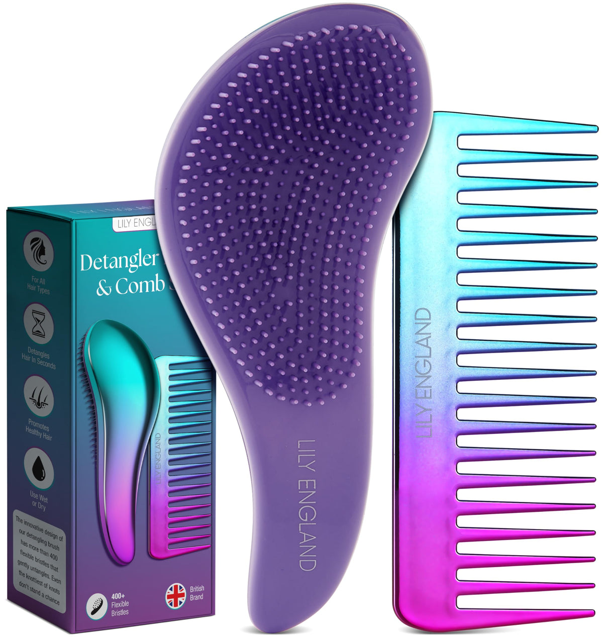 Detangle Hair Brush and Wide Tooth Comb Set Easy to Hold Detangler Hairbrush and Detangling Comb for Women and Kids for Wet or Dry, Fine, Curly,