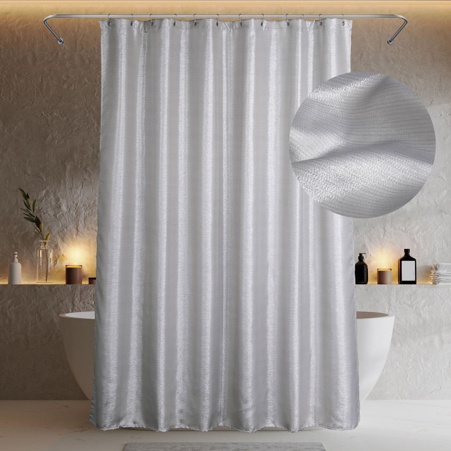 Silver Grey Fabric Shower Curtain - Glitter Sparkle Bling Shiny Metallic Shimmer for Bathroom - Anti Mould Water Repellent Washable for Wet Room - 183
