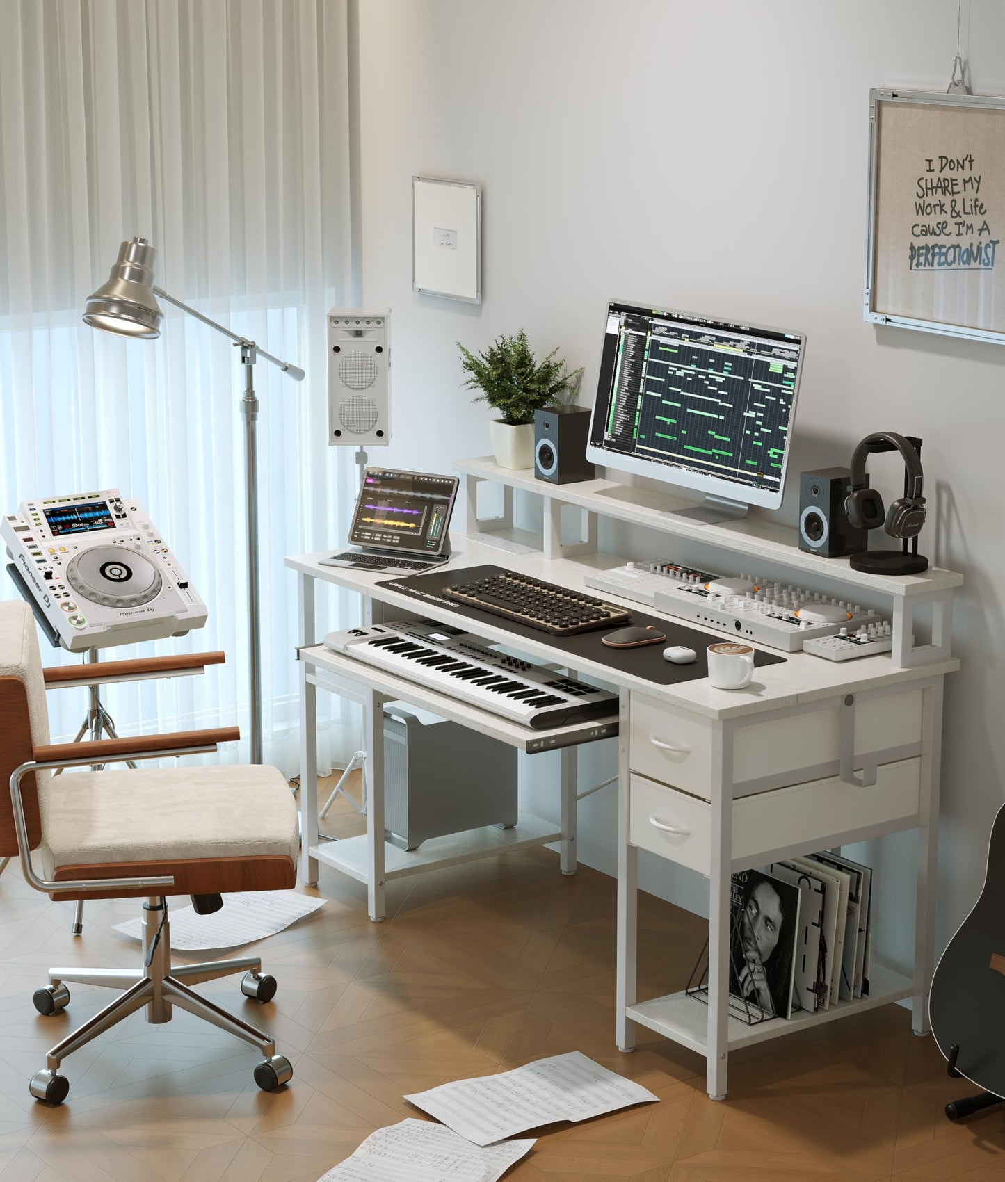 Xyphren Computer Desk with Drawers, 120x50cm Office Desk with Keyboard Tray with Power Outlet & Monitor Stand