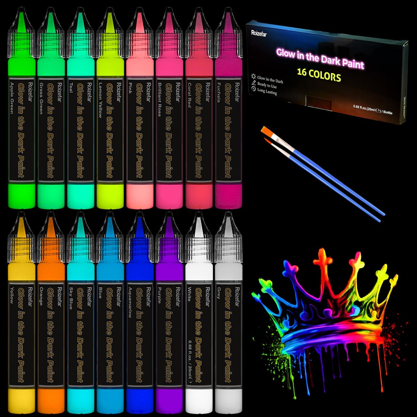 Roizefar Glow in the Dark Paint, 16 Colours x 20ml Paints, Long-Lasting Luminous Glow Fabric Paint for T-Shirt, Canvas, Ideal for Art Supplies and DIY