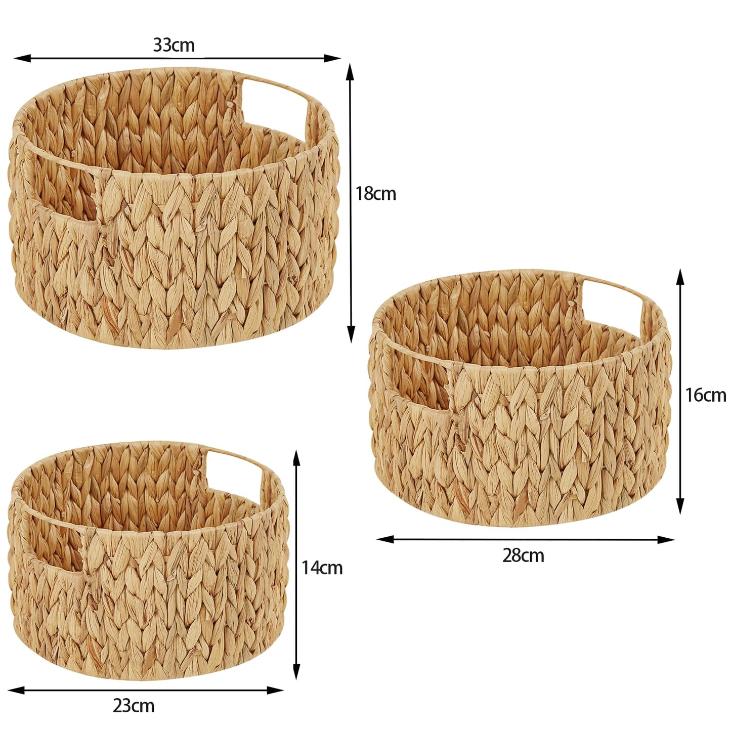 Vagusicc Water Hyacinth Storage Basket Set of 3, HandWoven Round Wicker Storage Basket with Handle, Natural Woven Shelf Basket Organizer