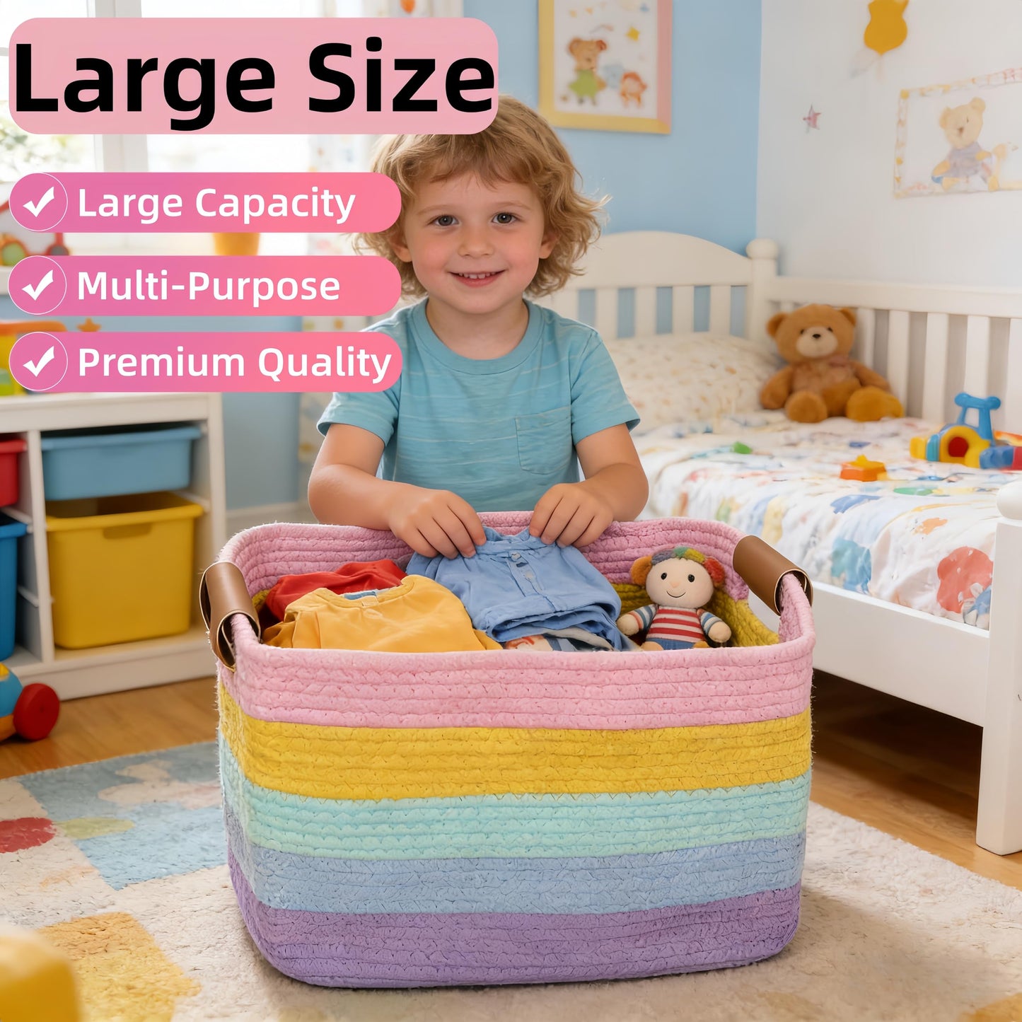Uwenkjie 2-Pack Large Storage Baskets, Cotton Rope Woven Basket with Detachable Leather Handles, Foldable Home Organiser Bin for Toys, Clothes