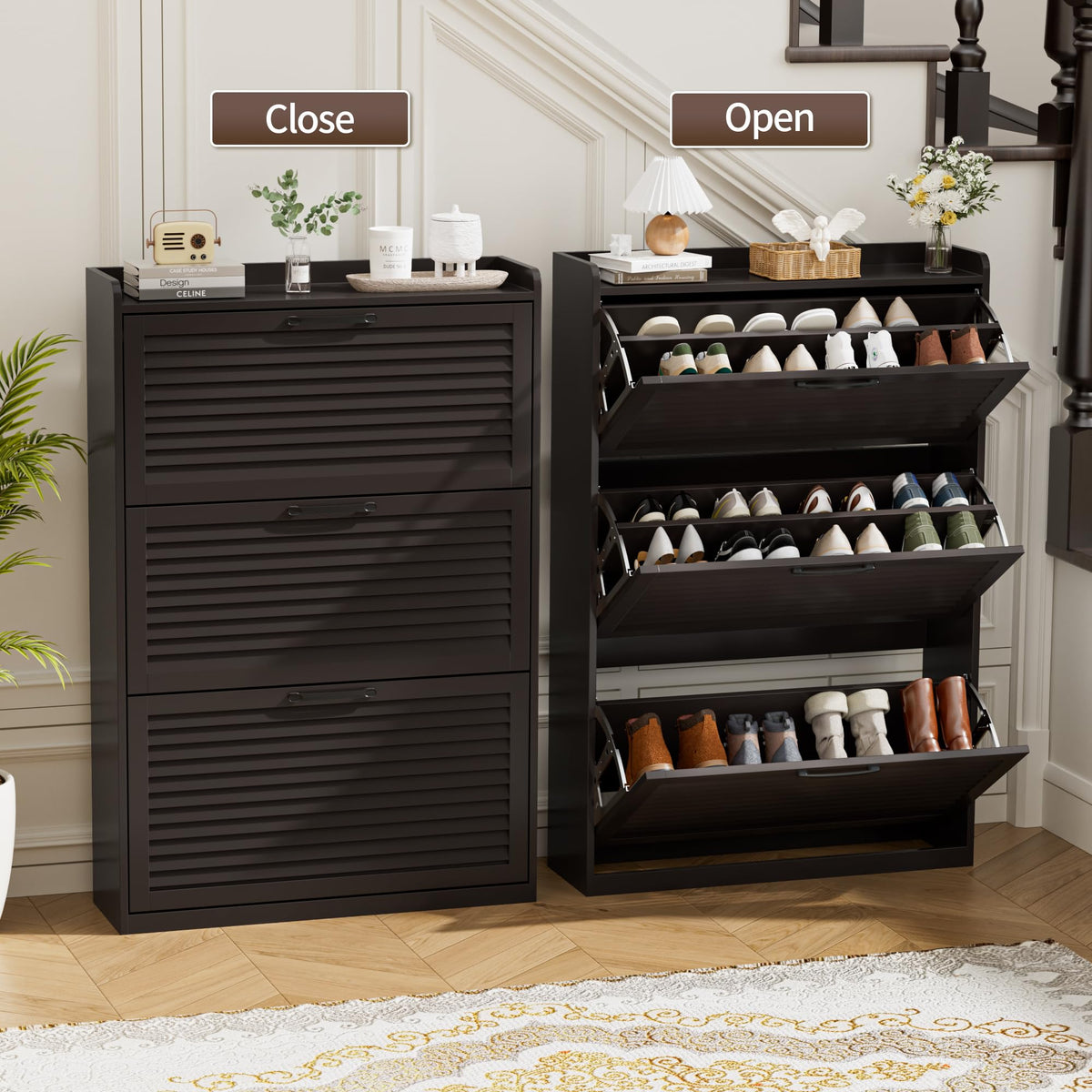 BonVache Shoe Storage with 3 Flip Louvered Doors, Narrow Wooden Shoe Cabinet (120x80x24cm) with Adjustable Shelves For Hallway, Entreway