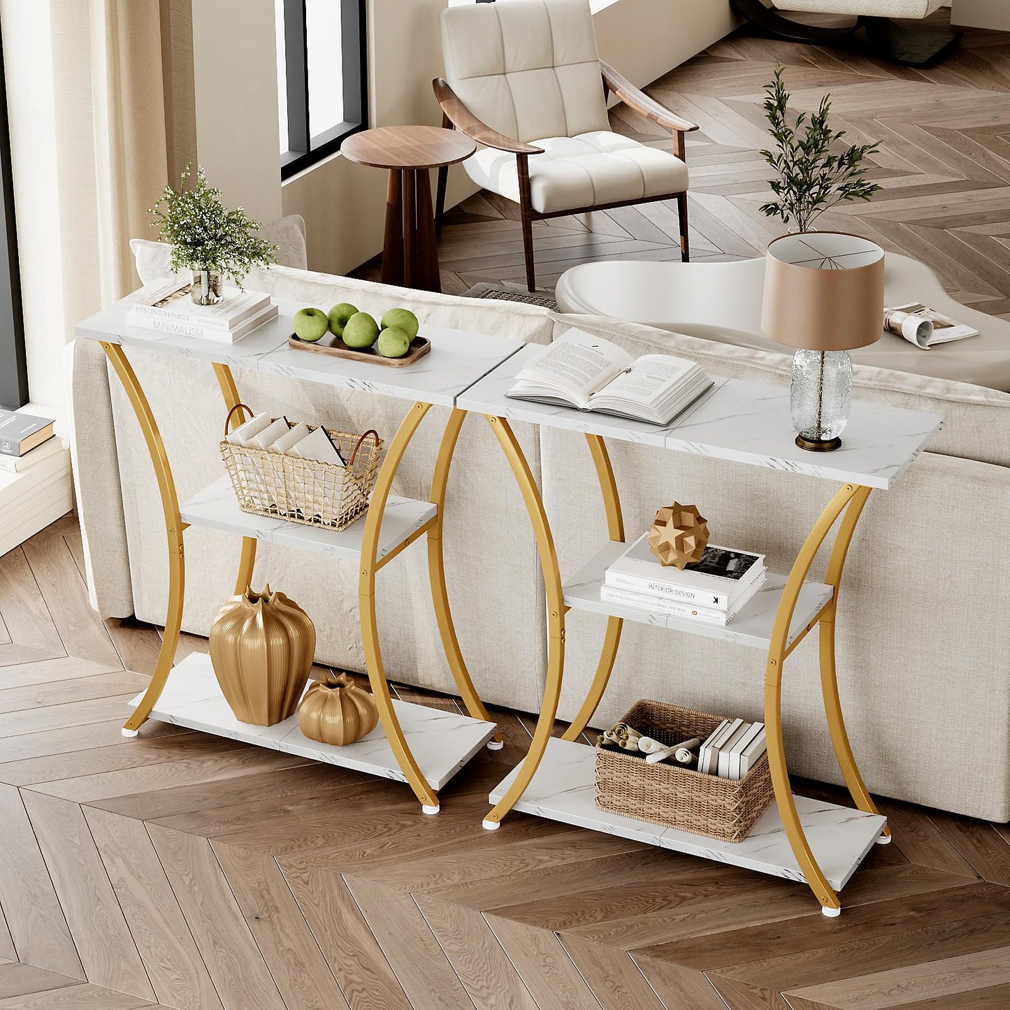 Trironsun Rustic Narrow Console Table with 3 Tiers, Slim Hallway Table with Curved Metal Frame and Open Shelves