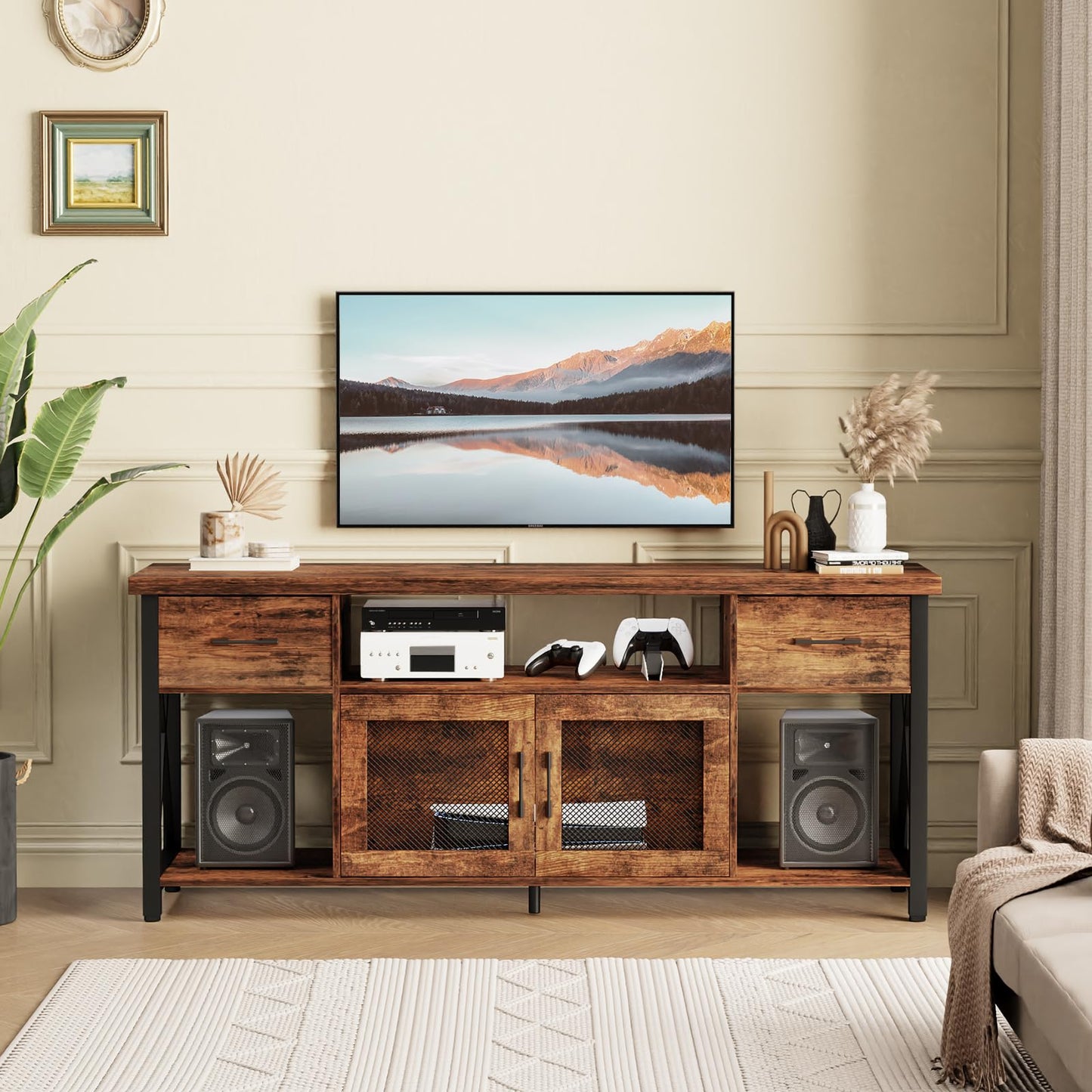 Generisch TV Stand Cabinet, 140cm Wooden TV Unit with 2 Drawers & Storage Cabinets, Steel Frame, Industrial TV Sideboard Table