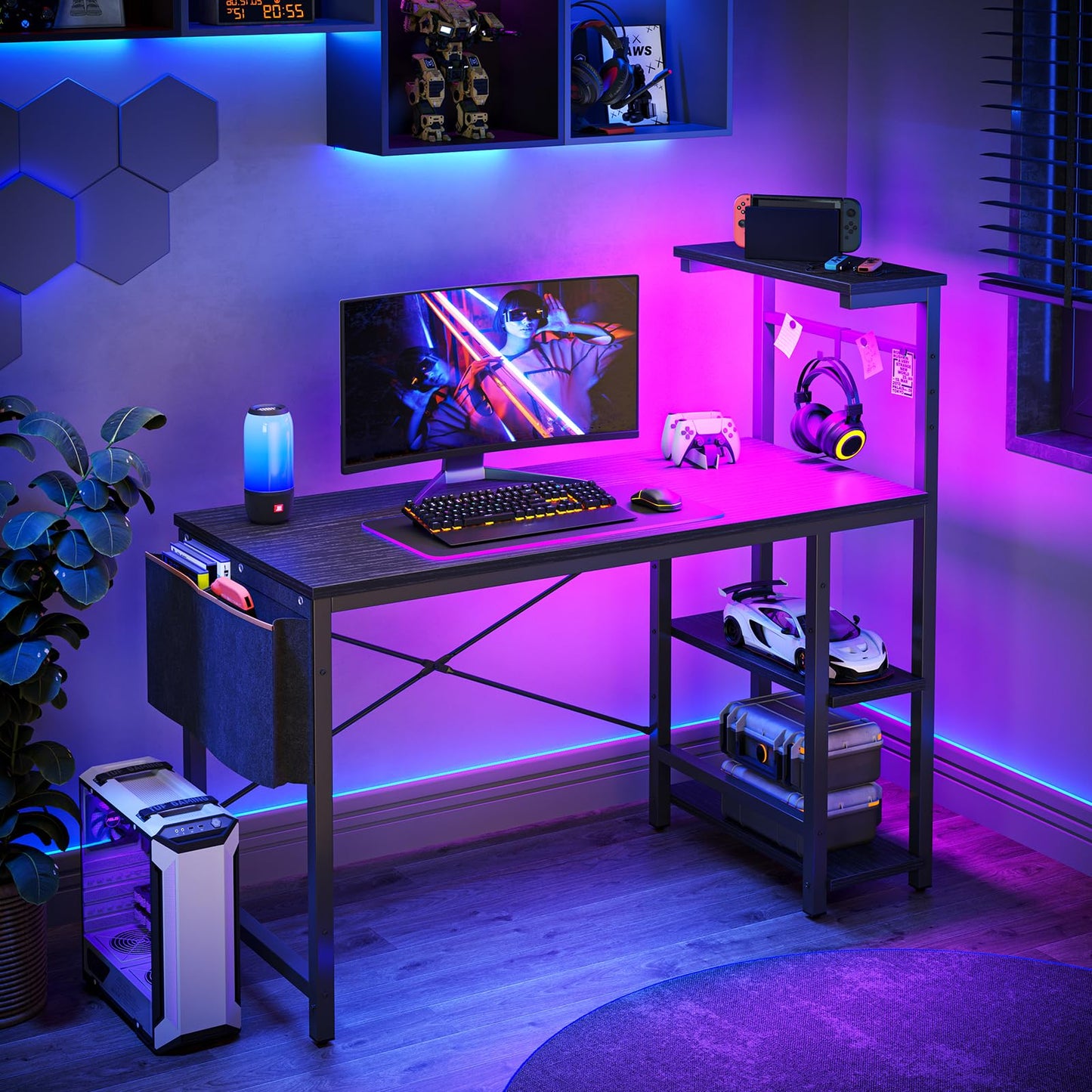 Bestier Computer Desk with Shelves Small Corner Desk with LED Lighting 113CM Reversible Computer Desk Writing Table with Side Pocket Storage Bag &