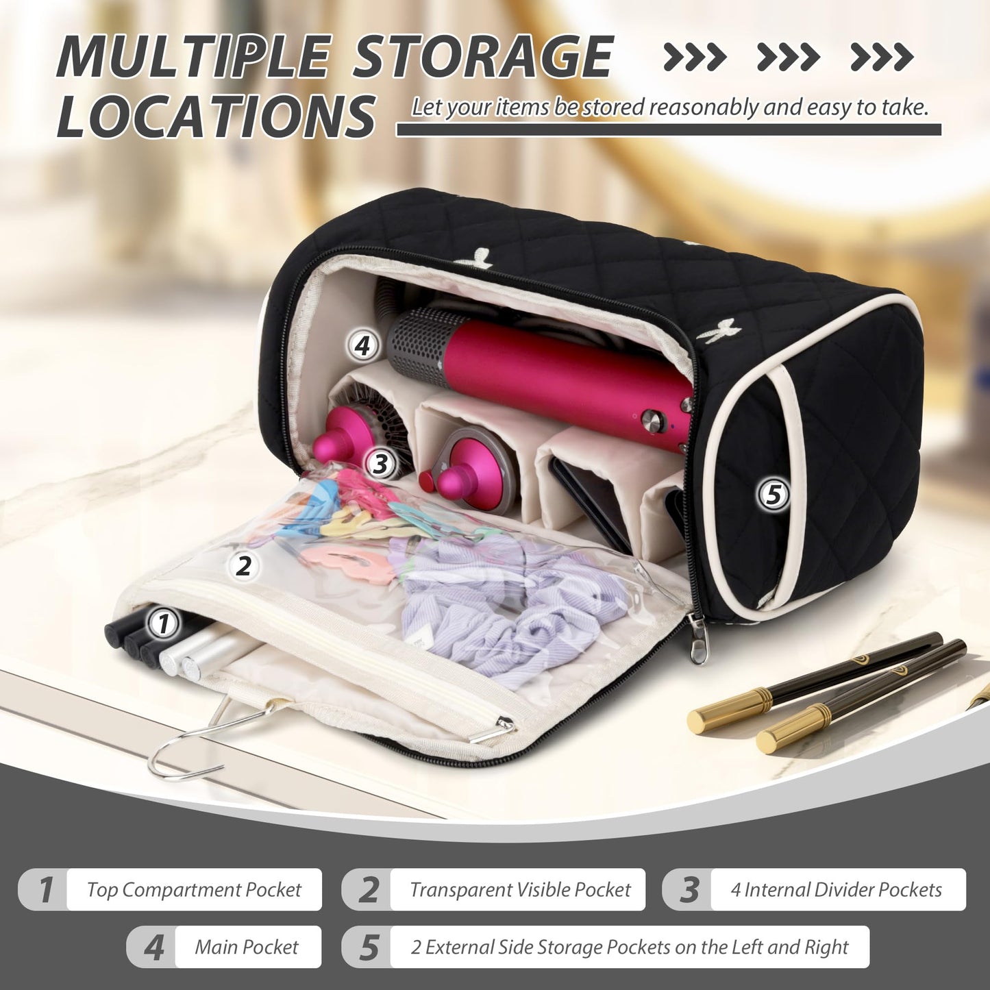 Linpr Travel Hair Dryer Bag with Hook for Dyson Airwrap Styler, Bow Black