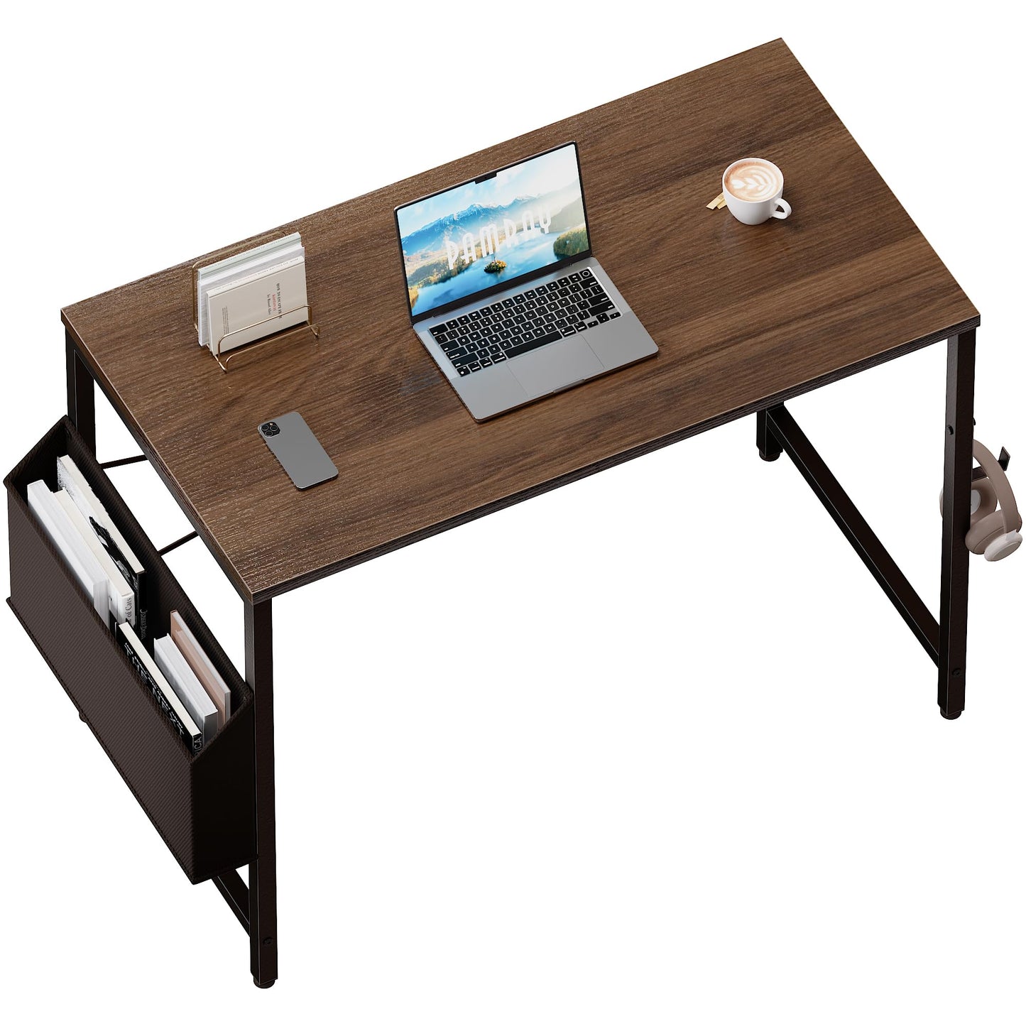 PAMRAY 80x40cm Computer Desk for Small Spaces with Storage Bag, Home Office Work Desk with Headphone Hook, Small Office Study Writing Table, Brown