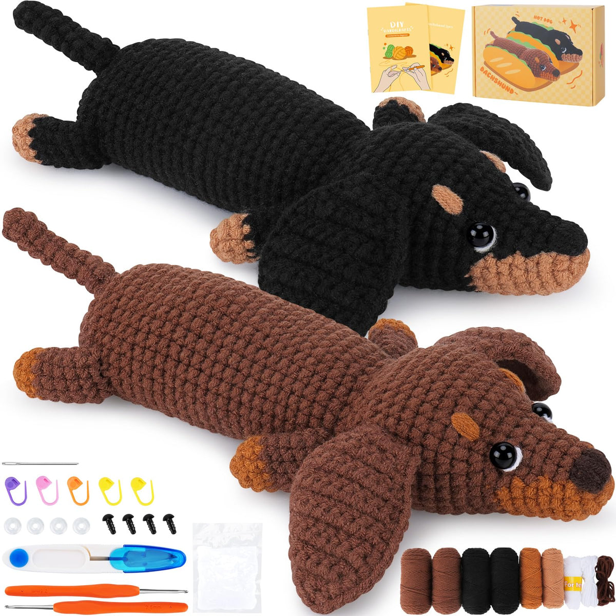 Crochet Kit for Beginners, Crochet Animal Kit Complete Dachshund Dog Crochet with Yarn Hooks Needles, Step-by-Step Video Learn to Crochet Starter Kit
