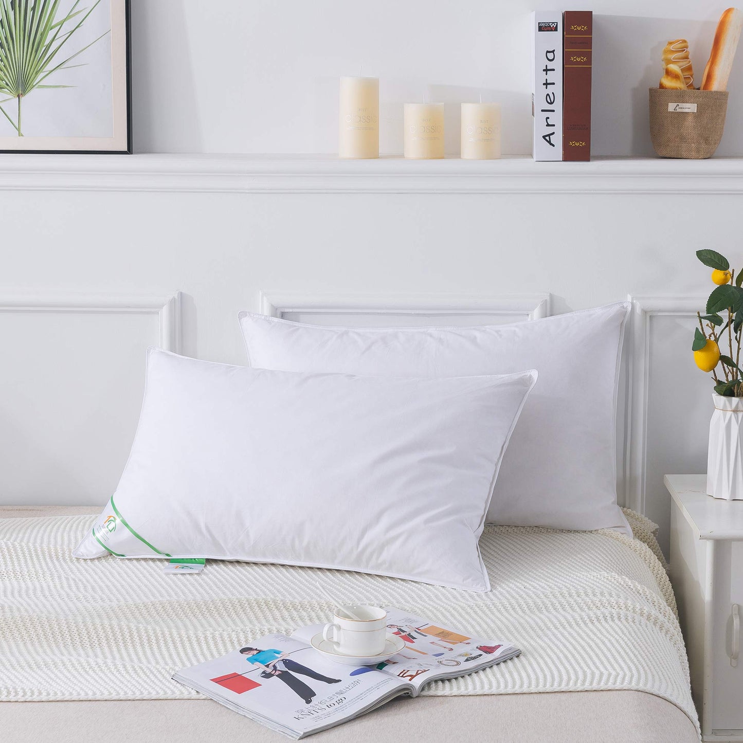 SUFUEE Goose Feather and Down Pillows Pair, Luxury Pillows with 100% Cotton Cover, Medium and Soft Firmness, Hotel Quality(48X74cm)