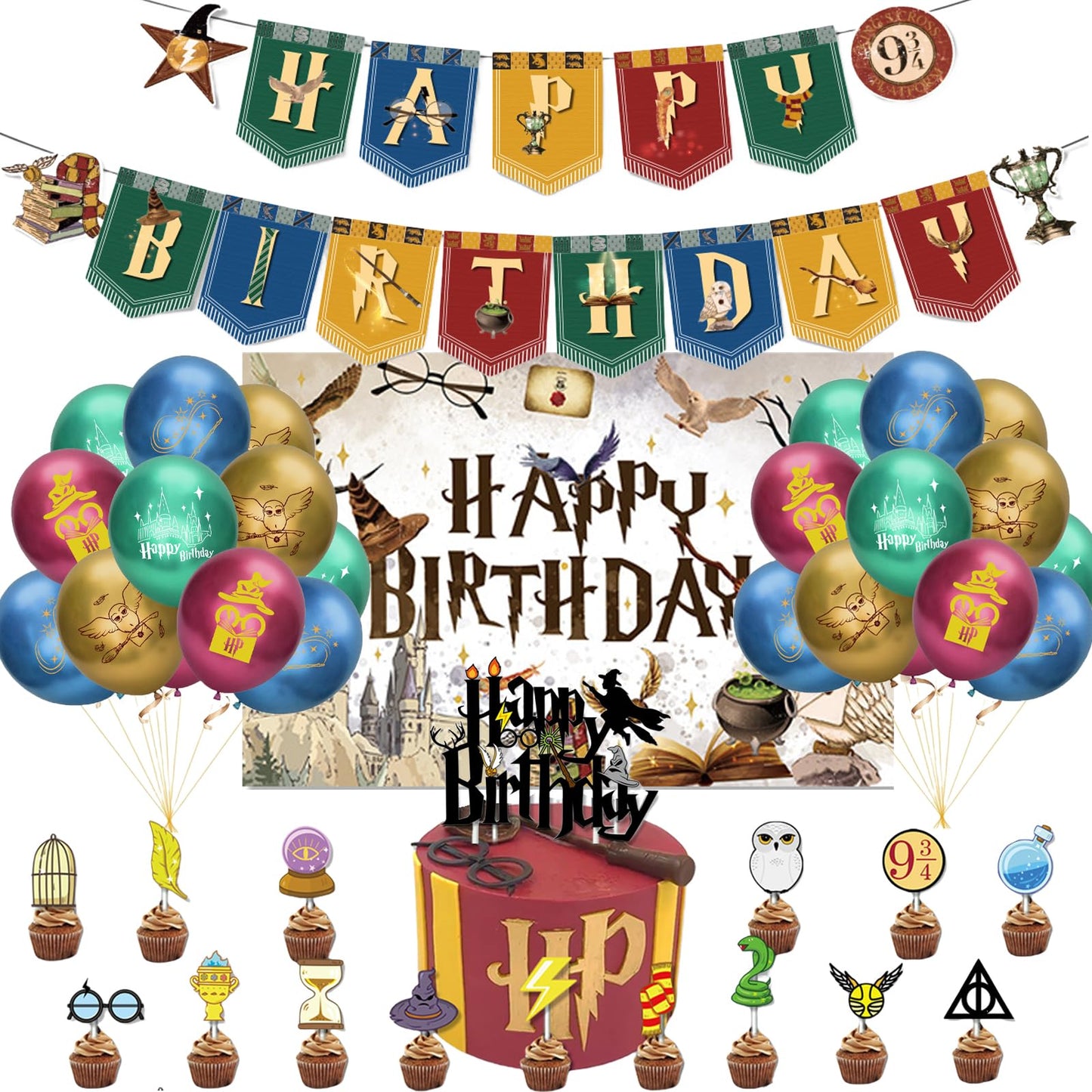 Wizard Birthday Party Decoration, Background Cloth, Happy Birthday Banner, Balloon, Birthday Cake Topper Fork, Black Ribbon, Full of Magic Birthday