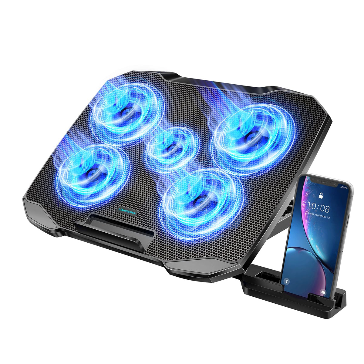 Laptop Cooling Pad, Laptop Cooler with 3&5 Quiet Cooling Fans with Phone Holder for 12-17.3 Inch Laptops, Anti-slip Baffles, 5 Height & Fan Speed
