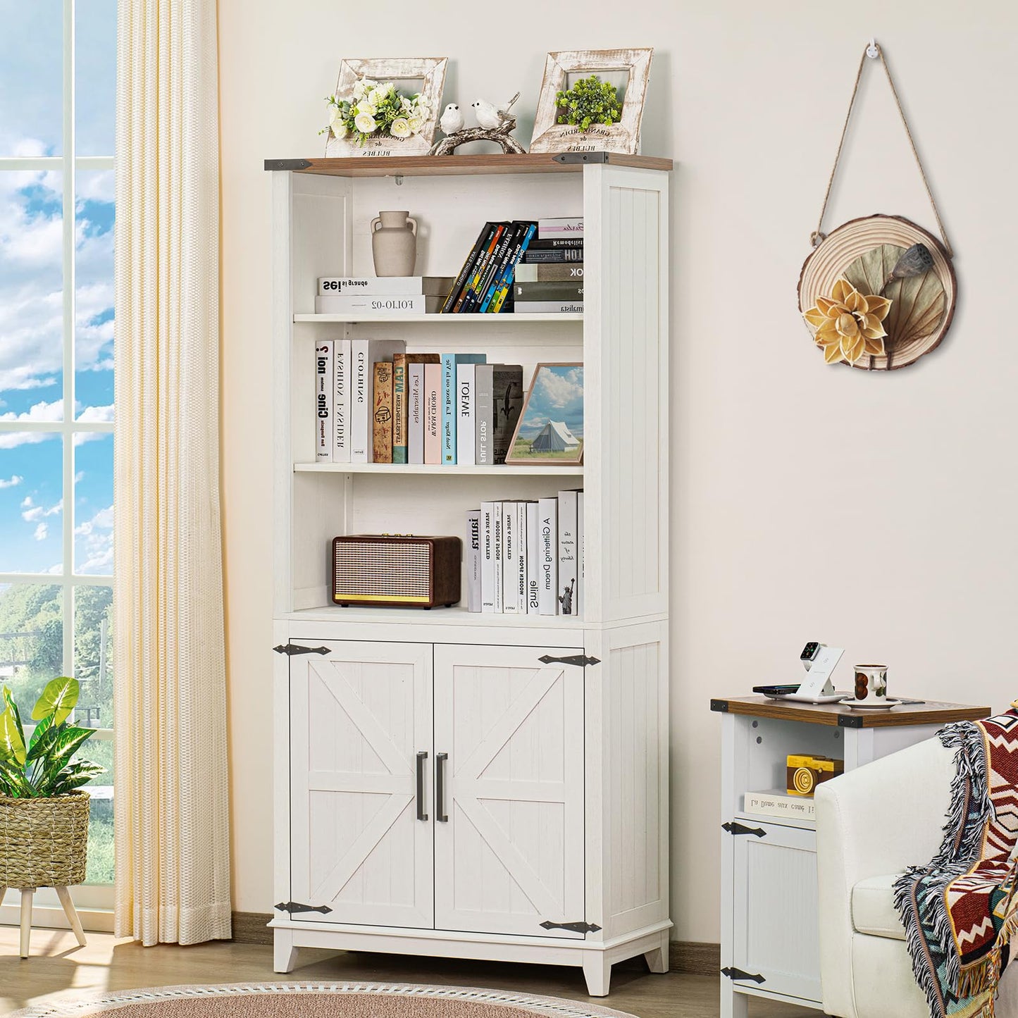 LELELINKY 70in Tall Bookshelf 5 Tier Bookcase with Barn Doors and Adjustable Shelves, White Farmhouse Book Shelf with Storage Cabinet