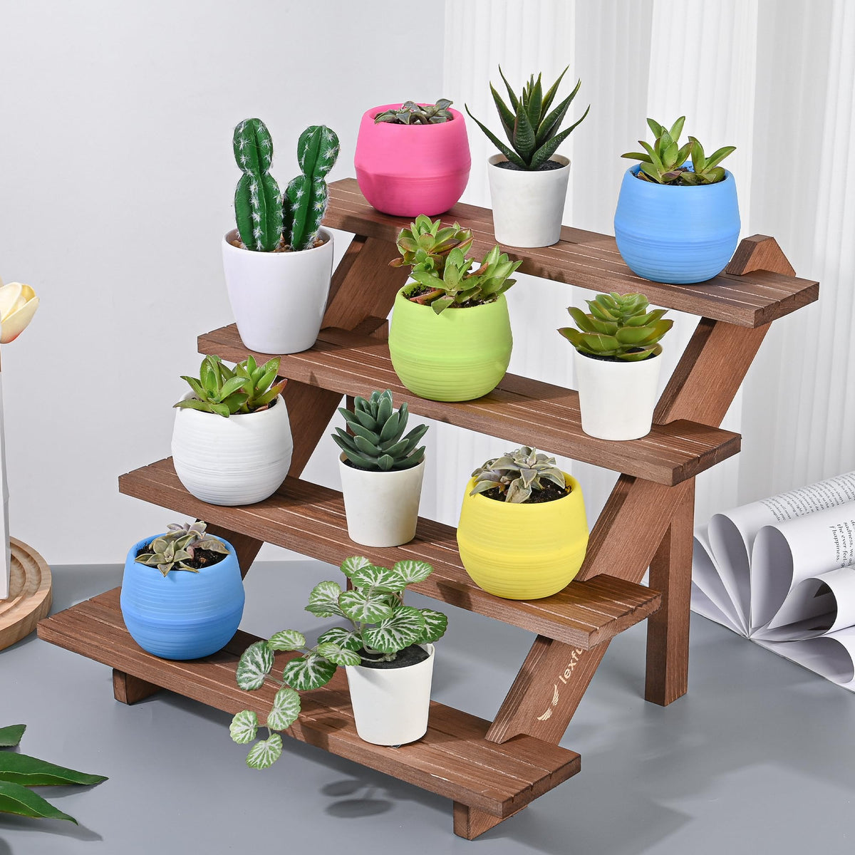 LEXFUNN Wooden Jewellery Display Rack Stand Earring Stall Stand Organizer Shelf 3/4 Tier (4 Tier - Brown)