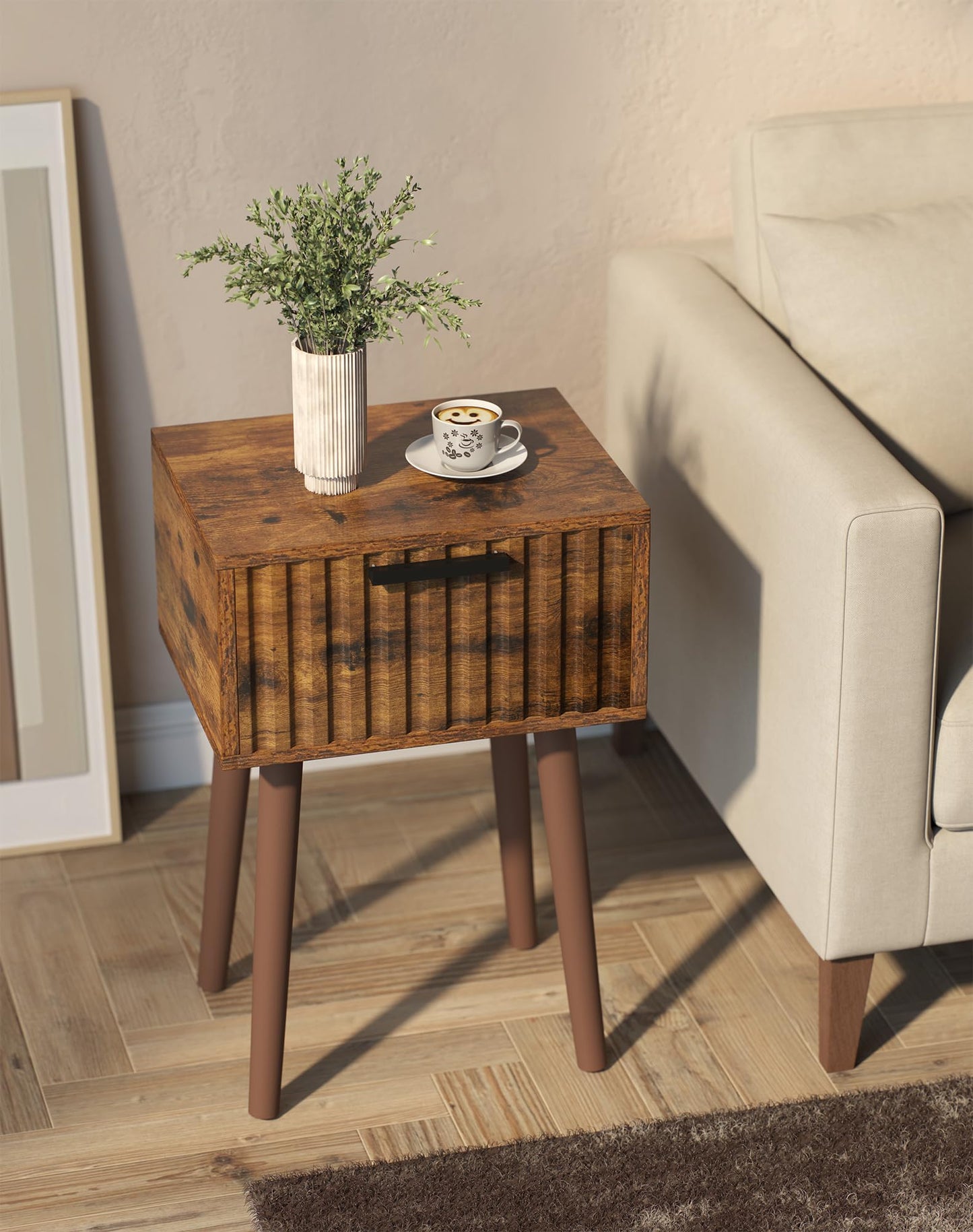 YMYNY Fluted Nightstand Set of 2, Small End Table, Modern Coffee Table with Drawer, Solid Wood Legs, Retaining Chain, 35x27x53cm