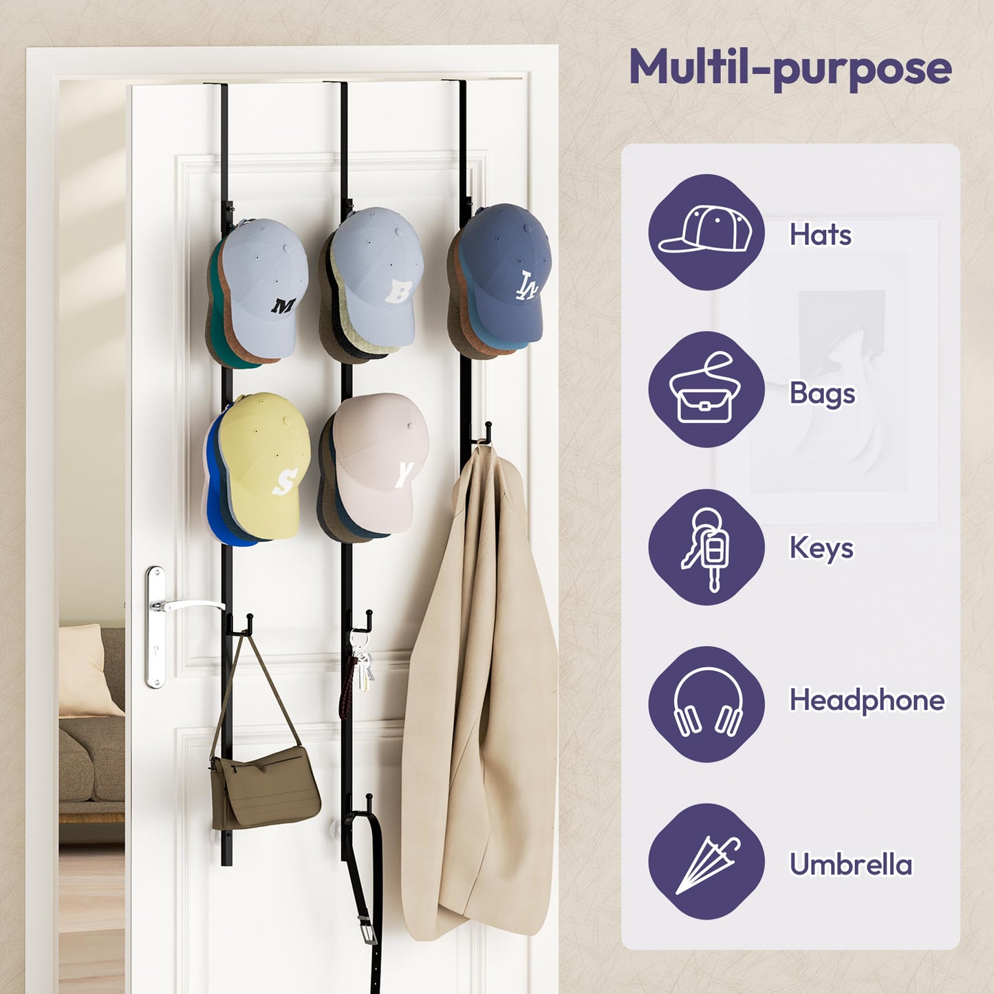 SWTYMIKI 3 Pack Over Door Hat Rack - Metal Baseball Cap Organiser