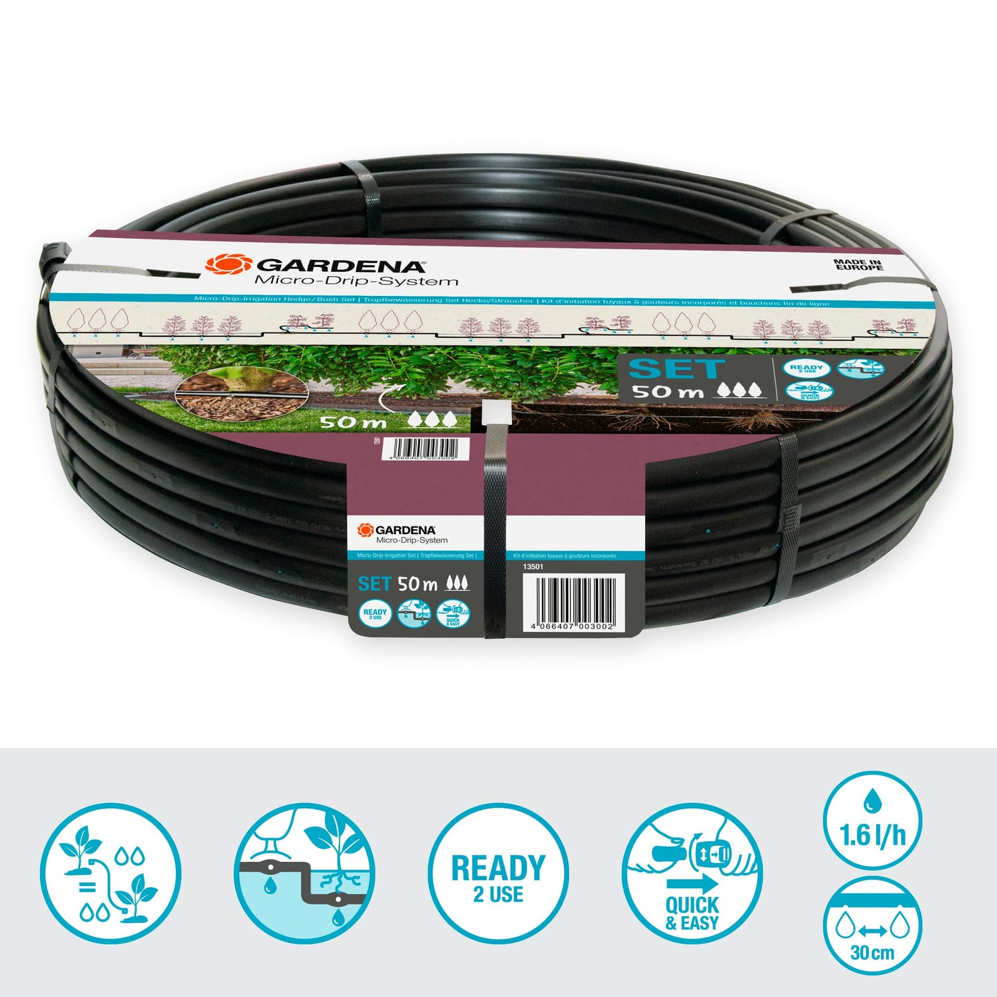 Gardena Micro-Drip-System Drip Irrigation Set Hedges/Bushes (50 m): Starter set, ready to use, water-saving irrigation system, simple & flexible