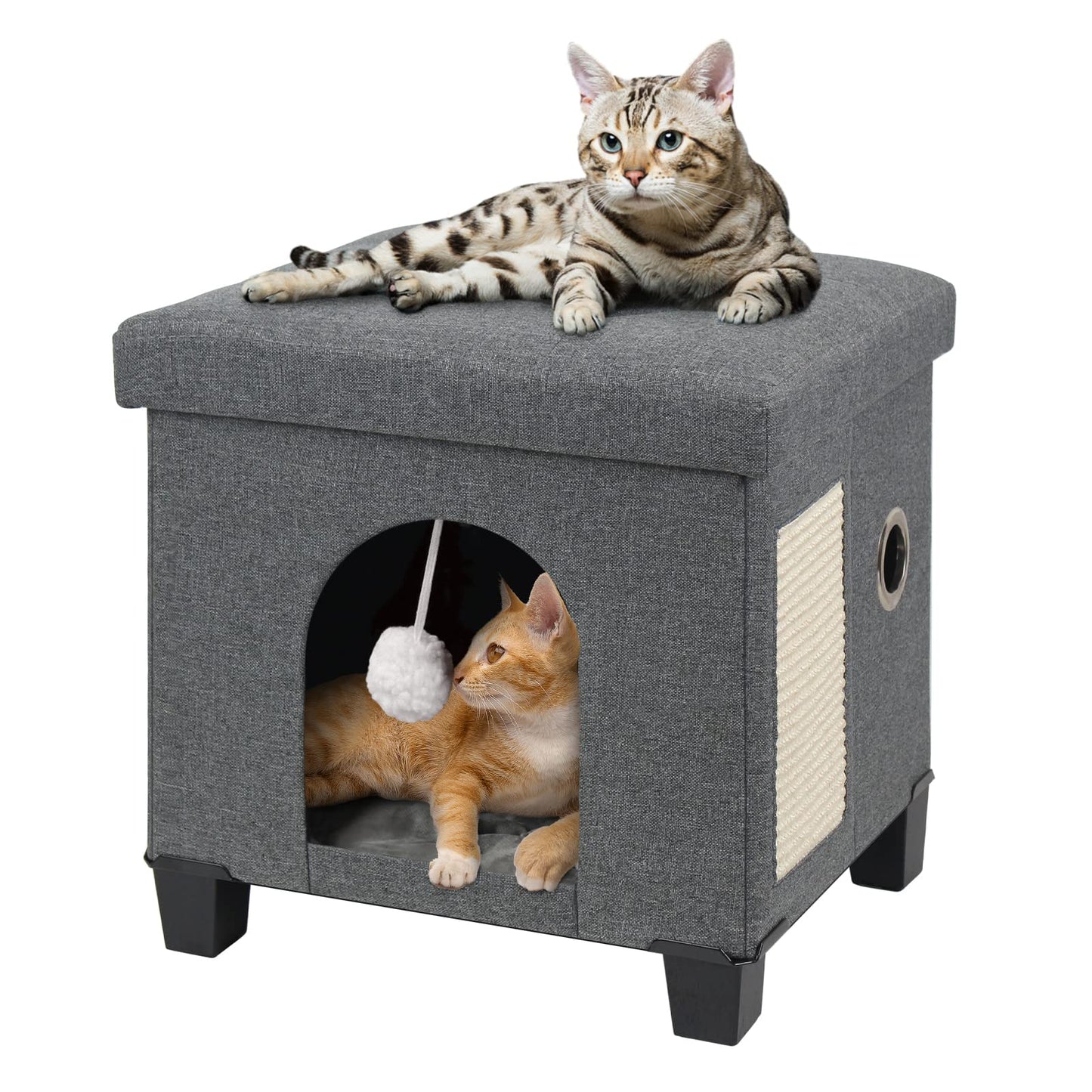 BRIAN & DANY Collapsible Cat Cave for Indoor Cats, Multifunctional Cube Cat House with Cat Scratch Board & Ball, 37.5 x 32.5 x 36 cm, Gray