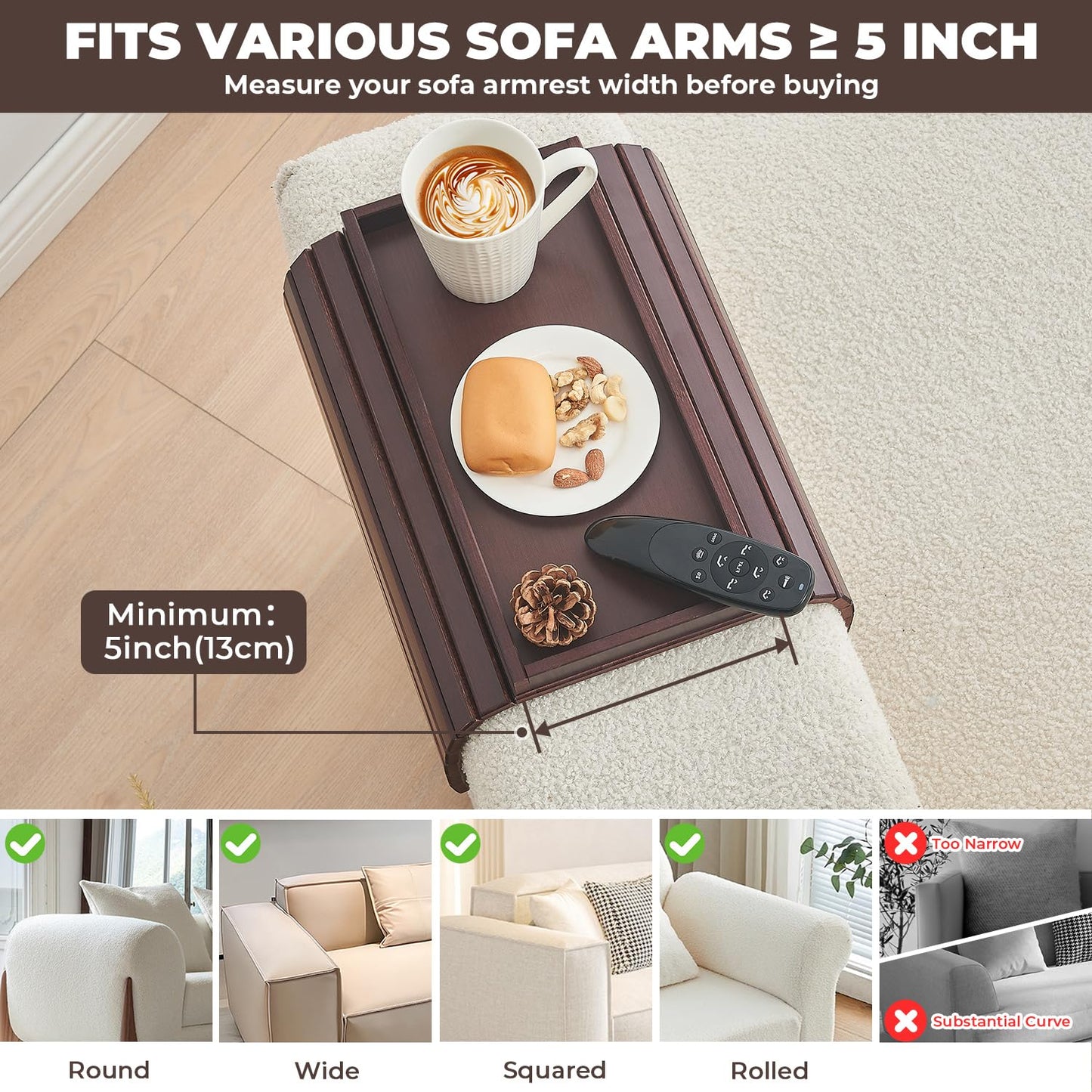 LOVYANXUE Bamboo Sofa Arm Tray, Anti Falling Couch Arm Tray Table, Foldable Couch Armrest Table, Portable Sofa Armrest Trays Cup Holder for Drink