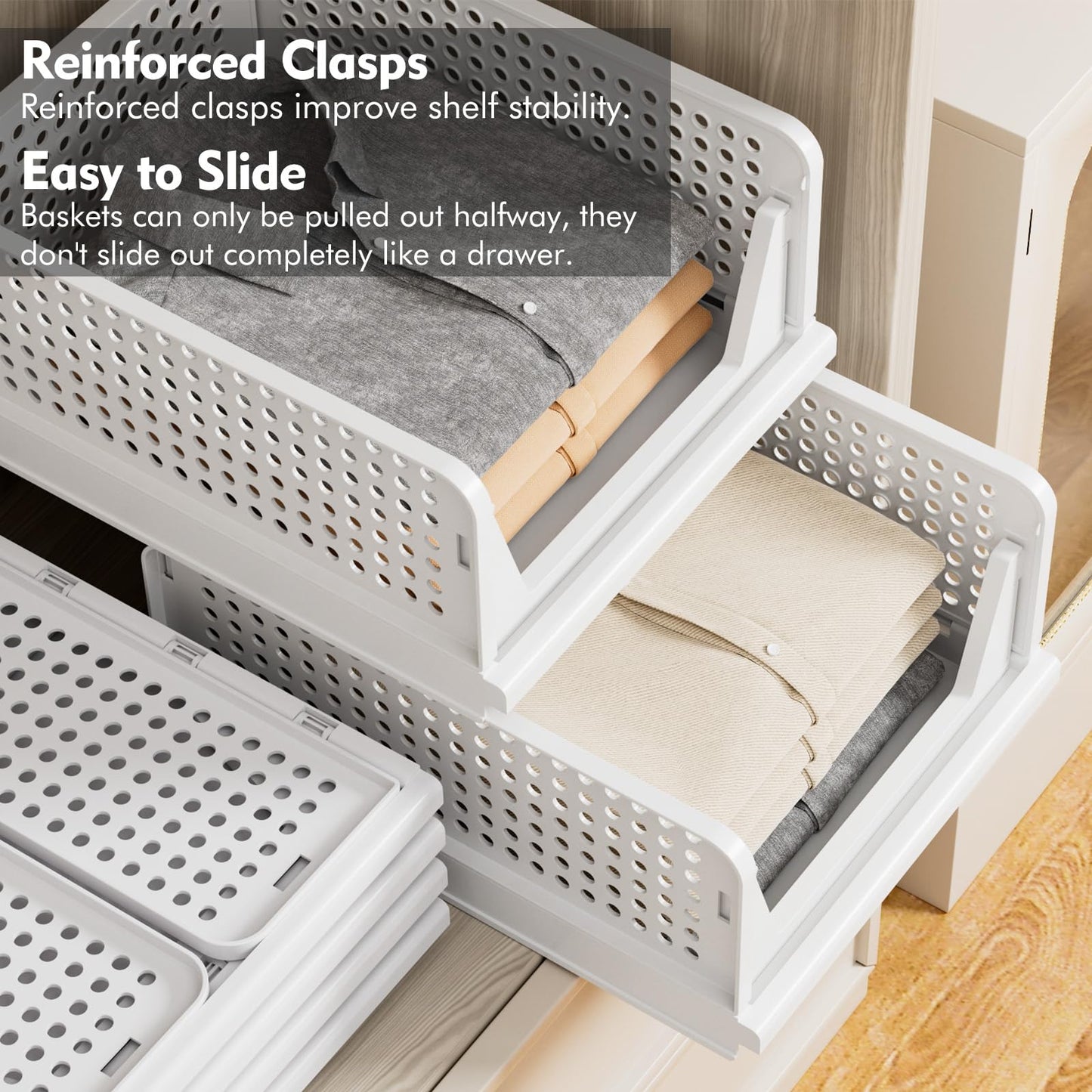 TidyIsles Wardrobe Storage Organiser - 5 Pack Folding Closet Organisers, Stackable Storage Boxes, Plastic Drawer Organiser Basket for Bedroom Kitchen