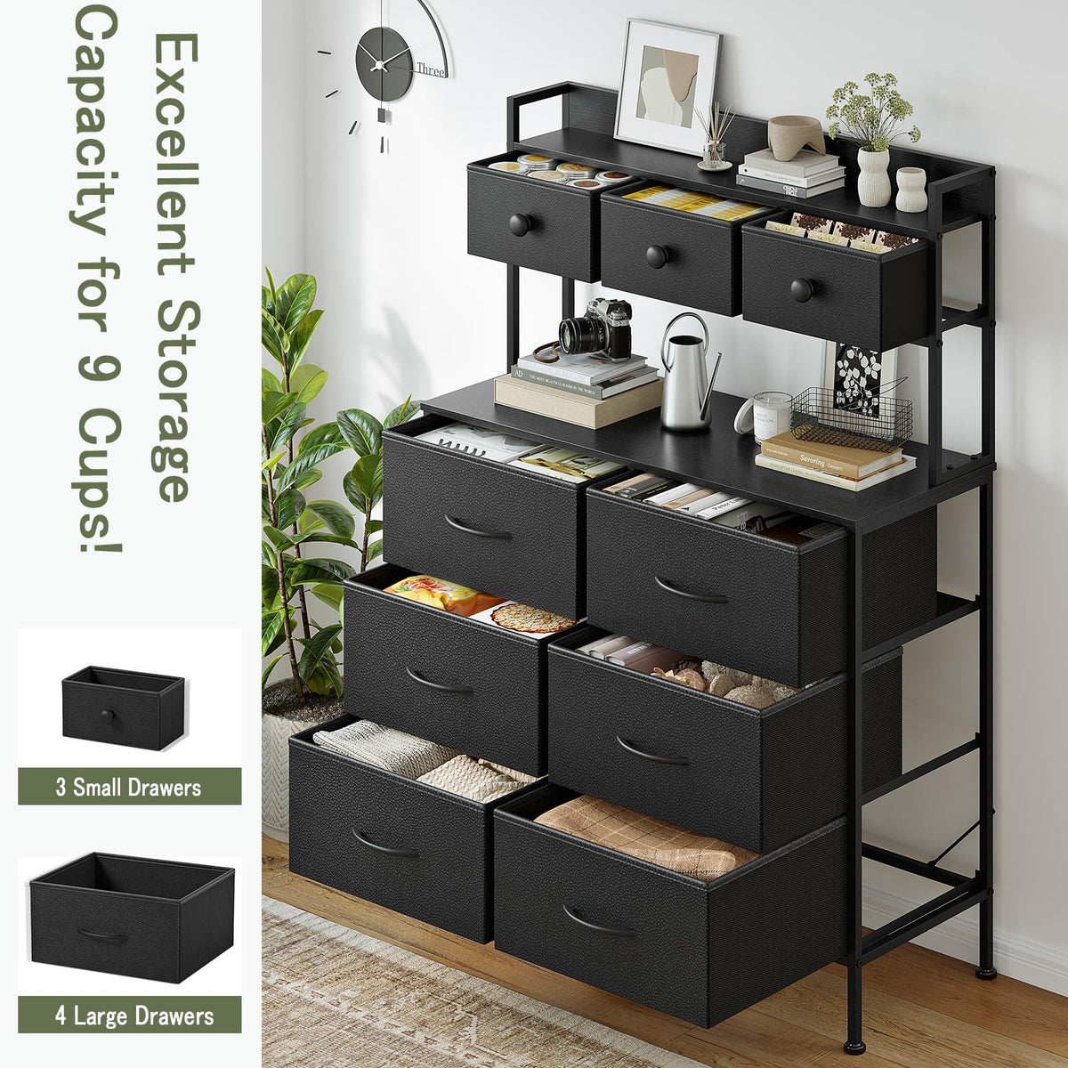 Mintnook Tall Chest of 9 Drawers, 3 Tiers Display Shelf Cabinet，Black