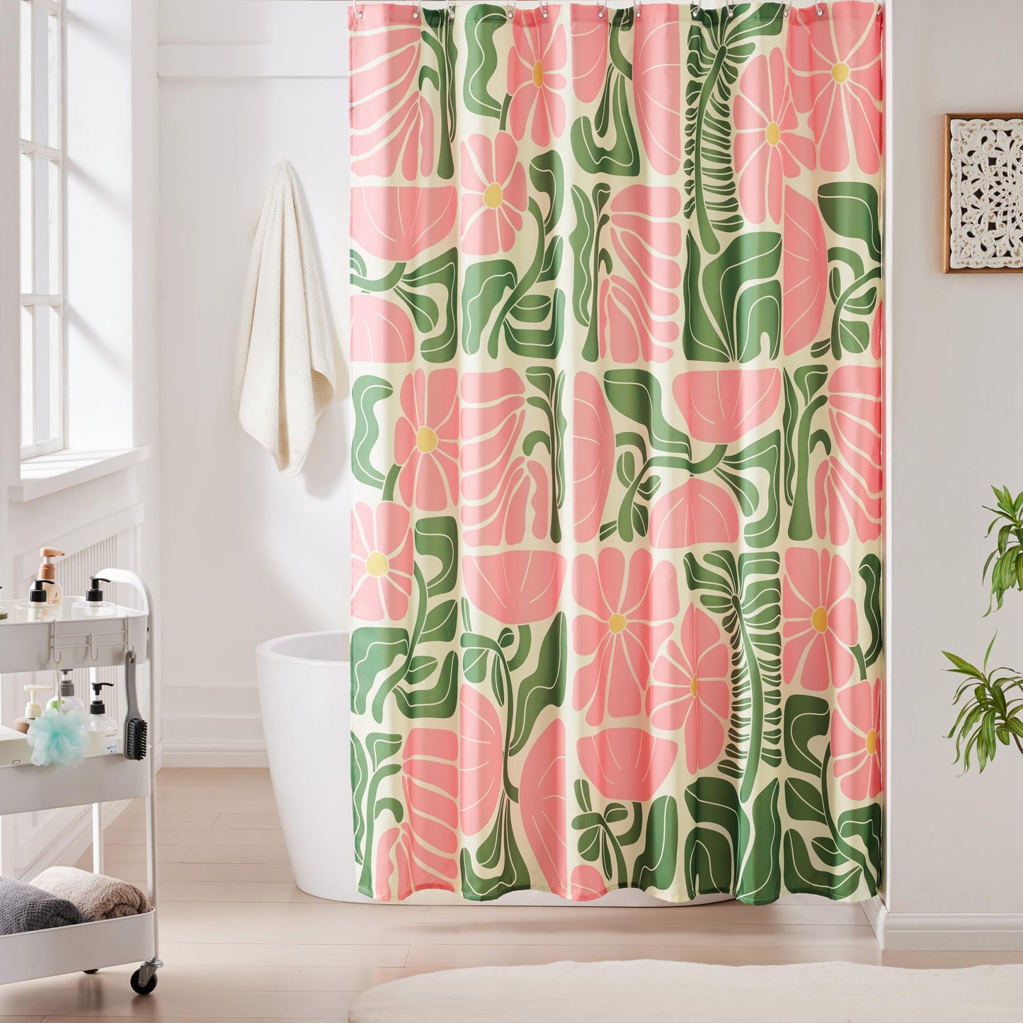 Ohocut Mid Century Modern Abstract Geometric Boho Shower Curtains for Bathroom, Cute Pink Floral Bathroom Shower Curtain, Vintage Bath Curtain,