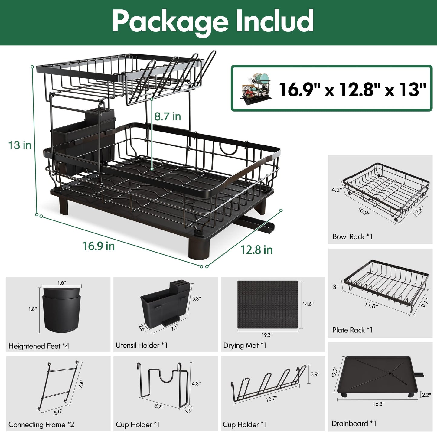 MAJALiS Dish Drainer Rack, 2 Tier Dish Drainer with Drip Tray and Drainer Mat, Stainless Steel Dish Rack with Utensil Holder, Swivel Spout, Draining